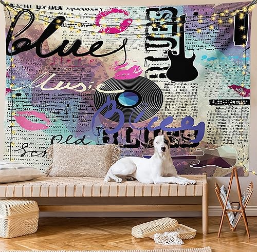 Miniatura 1 de Lunarable Tapiz de periódico antiguo, estilo retro blues musical, disco antiguo, guitarras eléctricas, inscripciones de beso, decoración para colgar