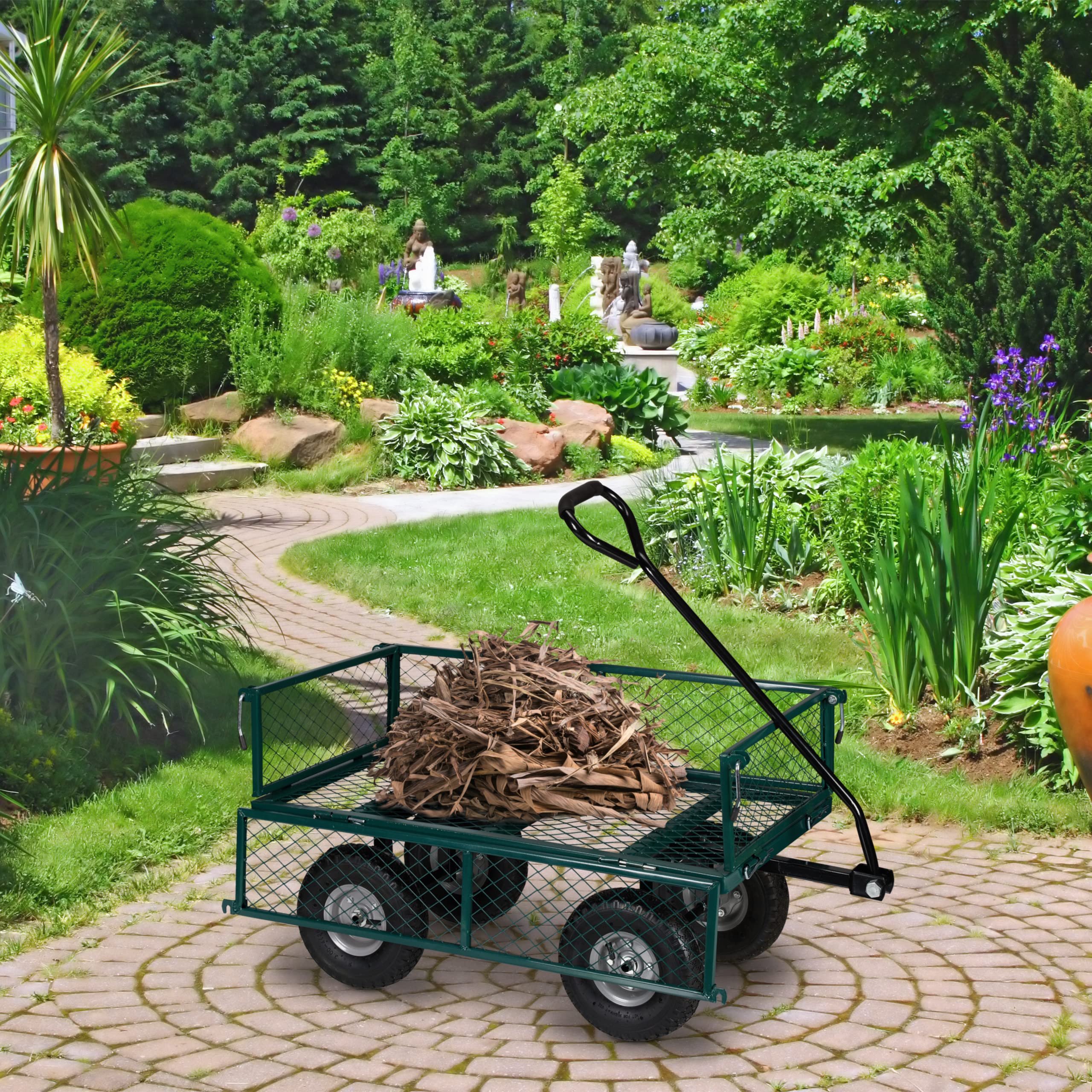 Relaxdays Handwagen, praktischer Bollerwagen für den Garten, mit Luftbereifung, klappbare Seitenteile, bis 200 kg, grün