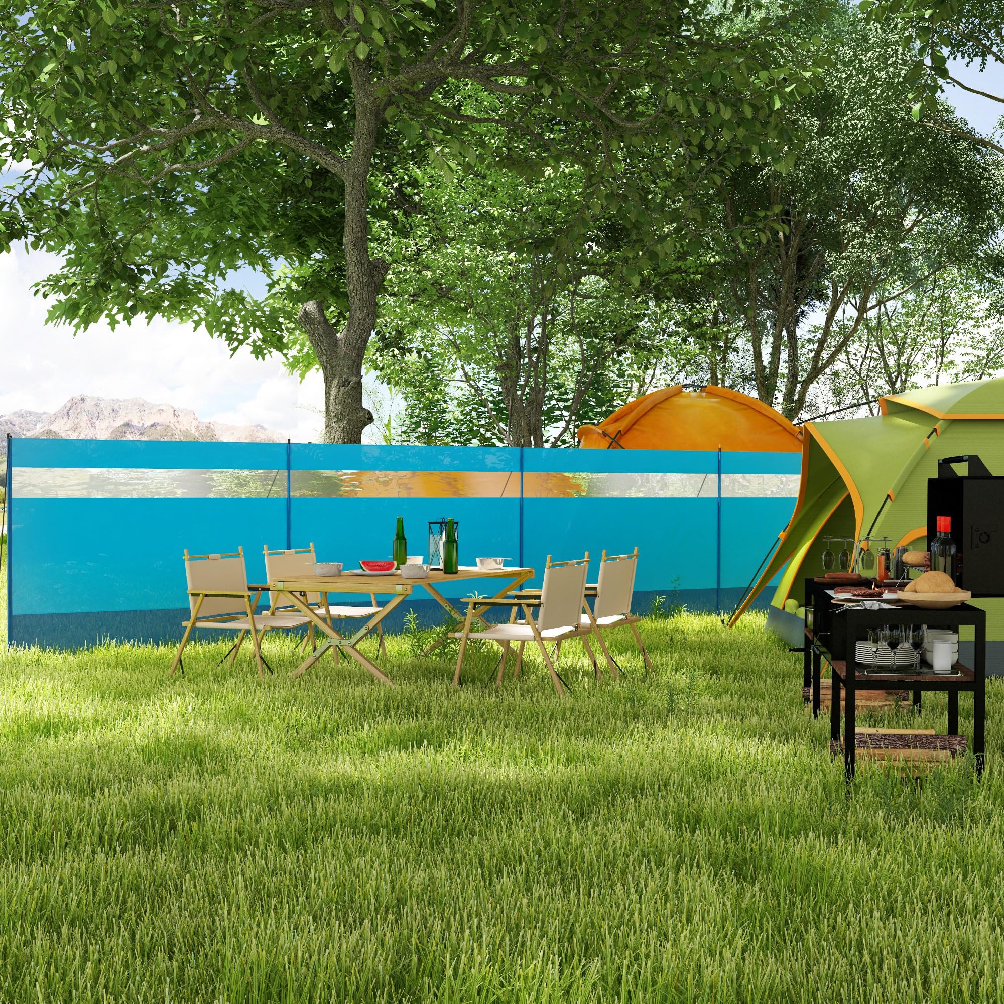 Outsunny Parawan plażowy składany z oknem 725x140 cm niebieski | Osłona prywatności kempingowa, paliki, liny, ogrodzenie wiatrowe, ochrona plażowa, do ogrodu i tarasu.