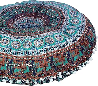 Third Eye Export Boho Room Decor Aesthetic: Vintage Indie 32 Inches Indian Blue Mandala Round Pillows Meditation Cushion C...