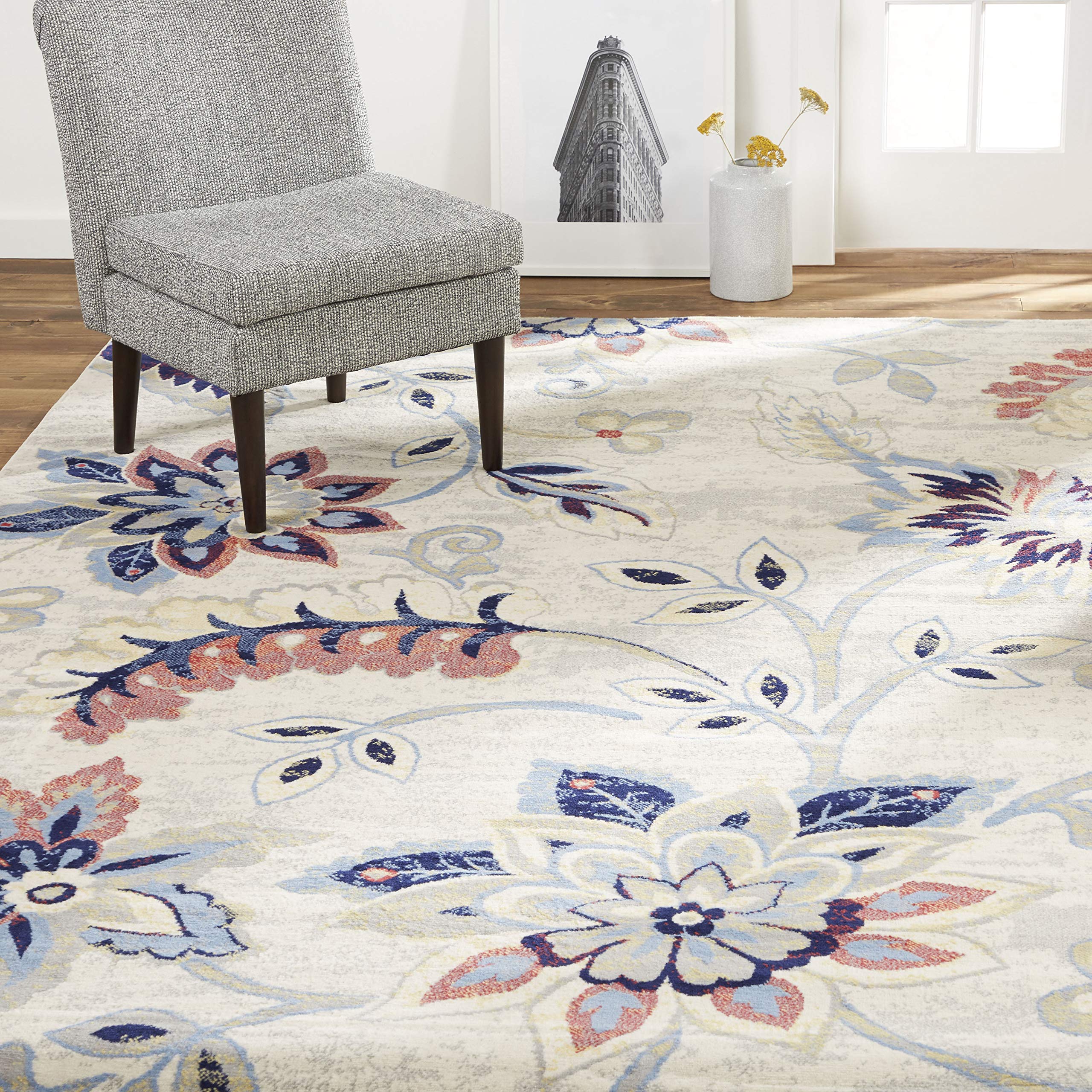 Home DynamixTremont Teaneck Transitional Area Rug, Floral Ivory/Navy 5'3"x7'2"
