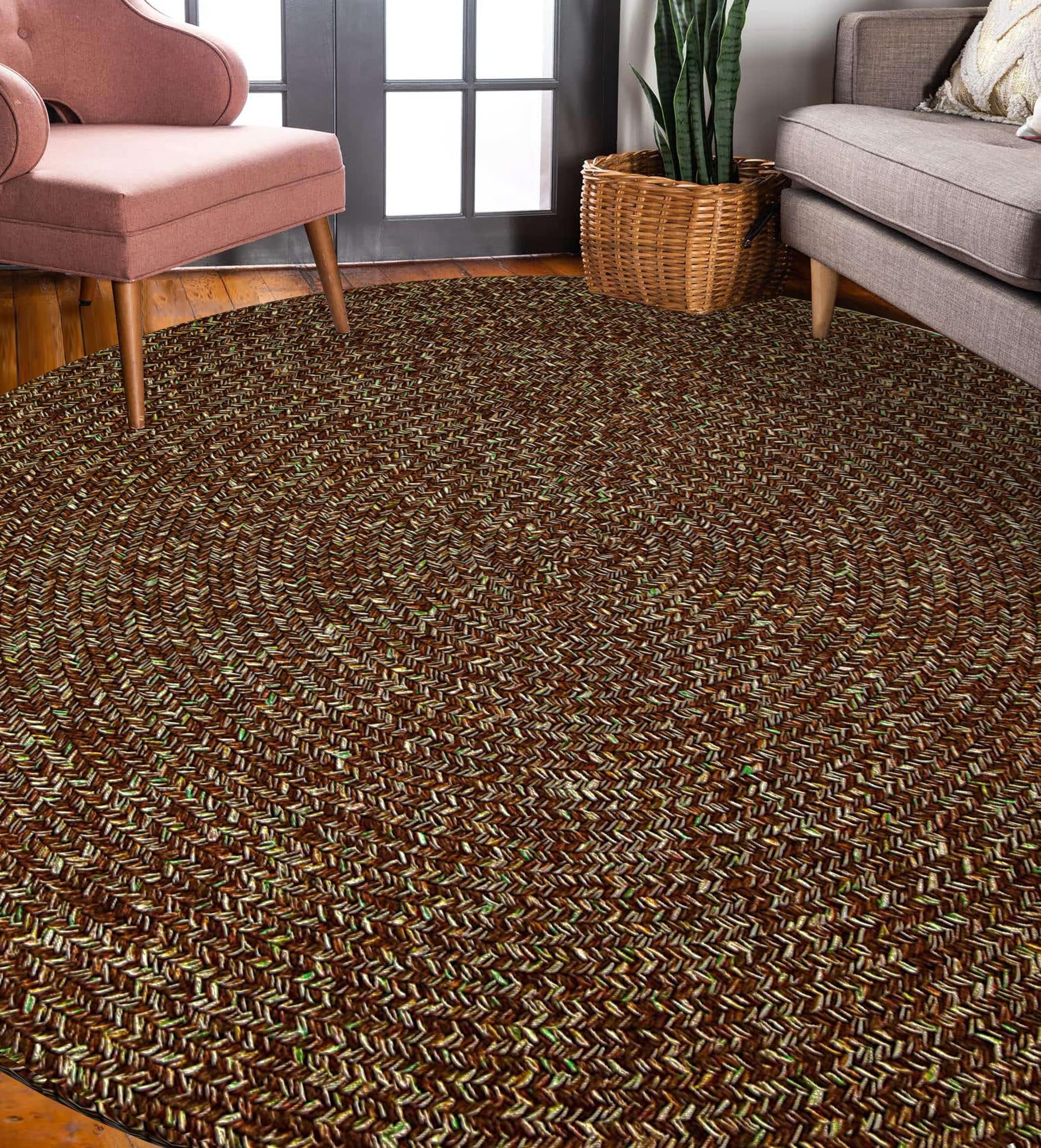 Sabrina Tweed Round Indoor/Outdoor Braided Rug, 8-Feet, Brown