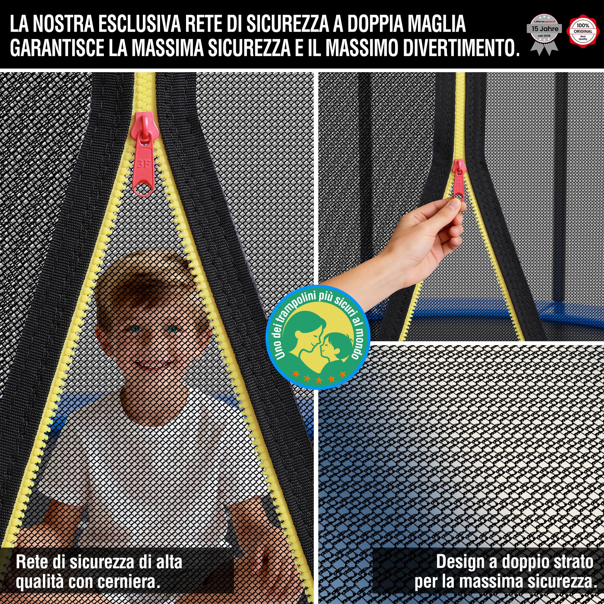 Ultrasport Jumper Trampolino da giardino, set completo trampolino, inclusi tappeto elastico, rete di sicurezza, pali della rete imbottiti e rivestimento dei bordi, Blu, Ø 251 cm