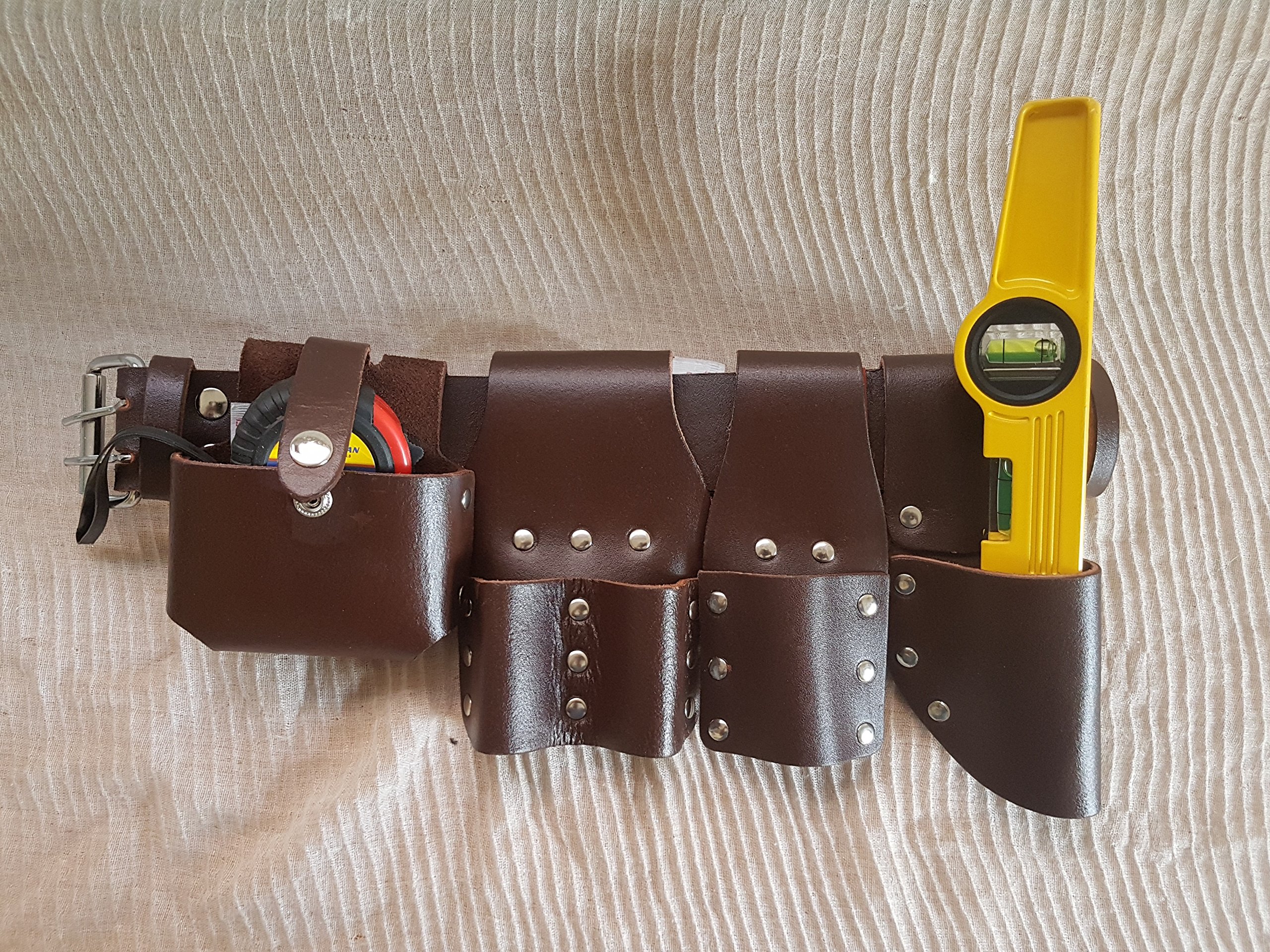Bbi Ltd Brown Scaffolding Leather Bbi Tool Work Belt With Tool Set Spanner Ratchet Level Tapepouch/Pockets/Frog (Belt Level + 5M Tape)