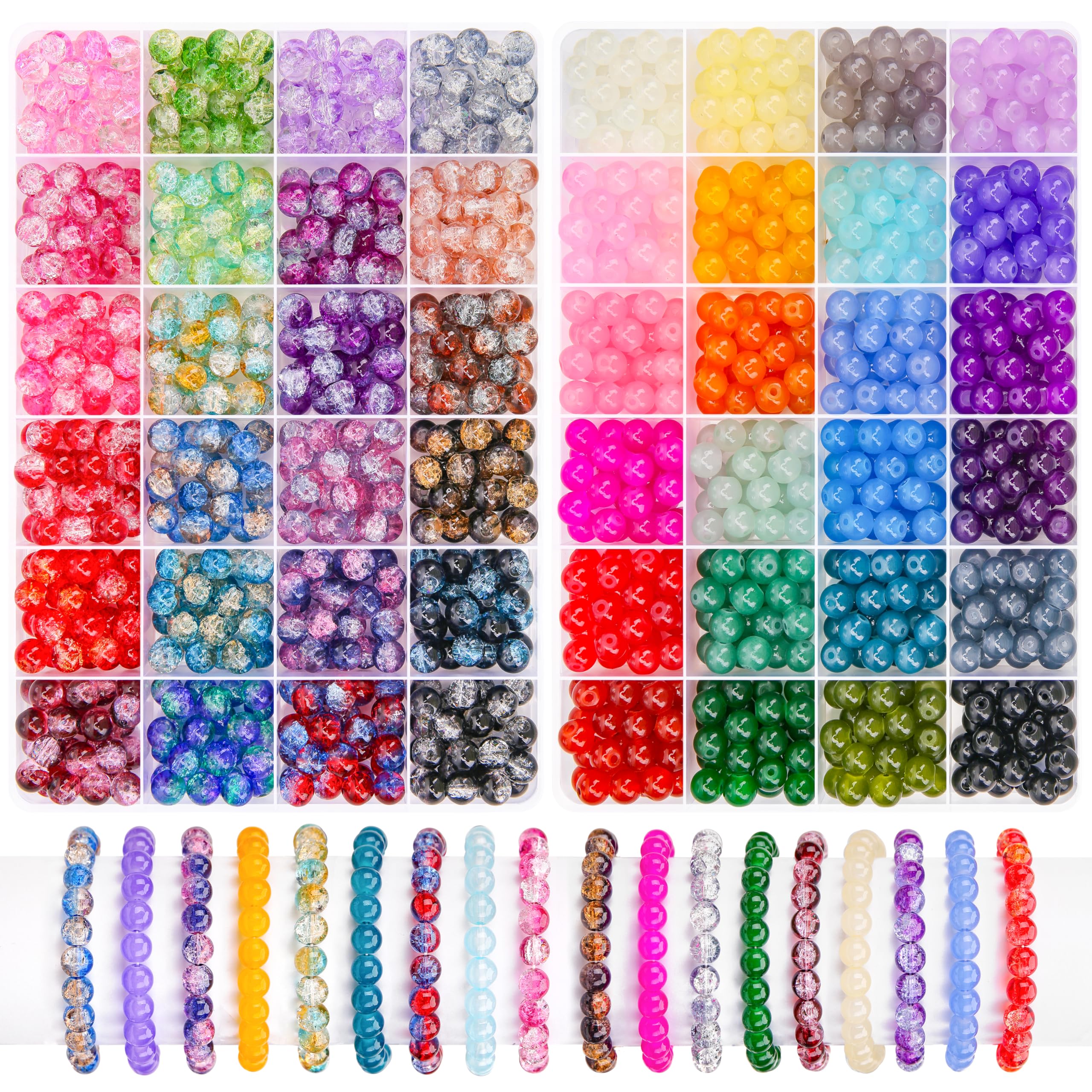 BONNY BOXX 1200 PCs 8mm Round Glass Beads for Jewelry Making, Bulk Crystal Beads in 48 Assorted Colors, Crackle Glass Beads for Bracelets, Necklaces, Earrings, Jewelry Design & DIY Art Projects