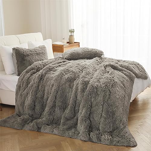 Miniatura 6 de Juego de ropa de cama mullida y afelpada, juego de edredón suave y lanudo tamaño King, juego de funda de edredón gris de pelo sintético con funda de