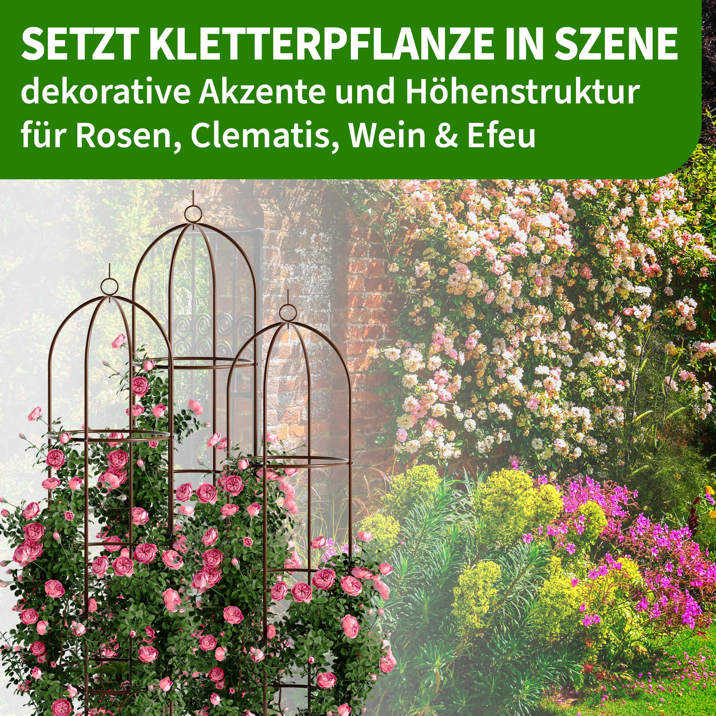 TTL Garden Obelisk - Set di 2 rampe di supporto XL 195 x 40 cm, colore: marrone, in metallo, acciaio inossidabile, per rampicanti, rose, clematidi, acciaio verniciato a polvere, altezza 195 cm,