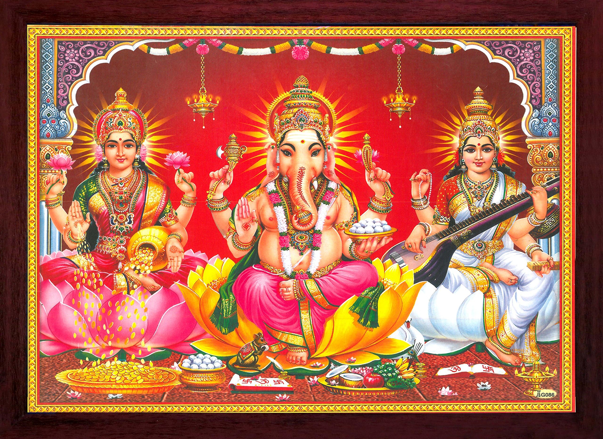 SANVIKA Lakshmi Ganesha Saraswati Wall Decor – Tridevi Framed Print for Pooja Room, Home Mandir, Living Room & Office | Hindu God Photos with Frame | 13.5 x 9.5 Inch Acrylic Glass | Diwali Gift