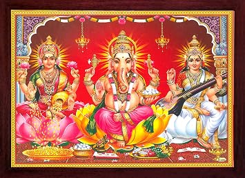 HandicraftStore Lakshmi with Ganesha and Saraswati, Ganesha giving blessing at place, poster painting with frame.