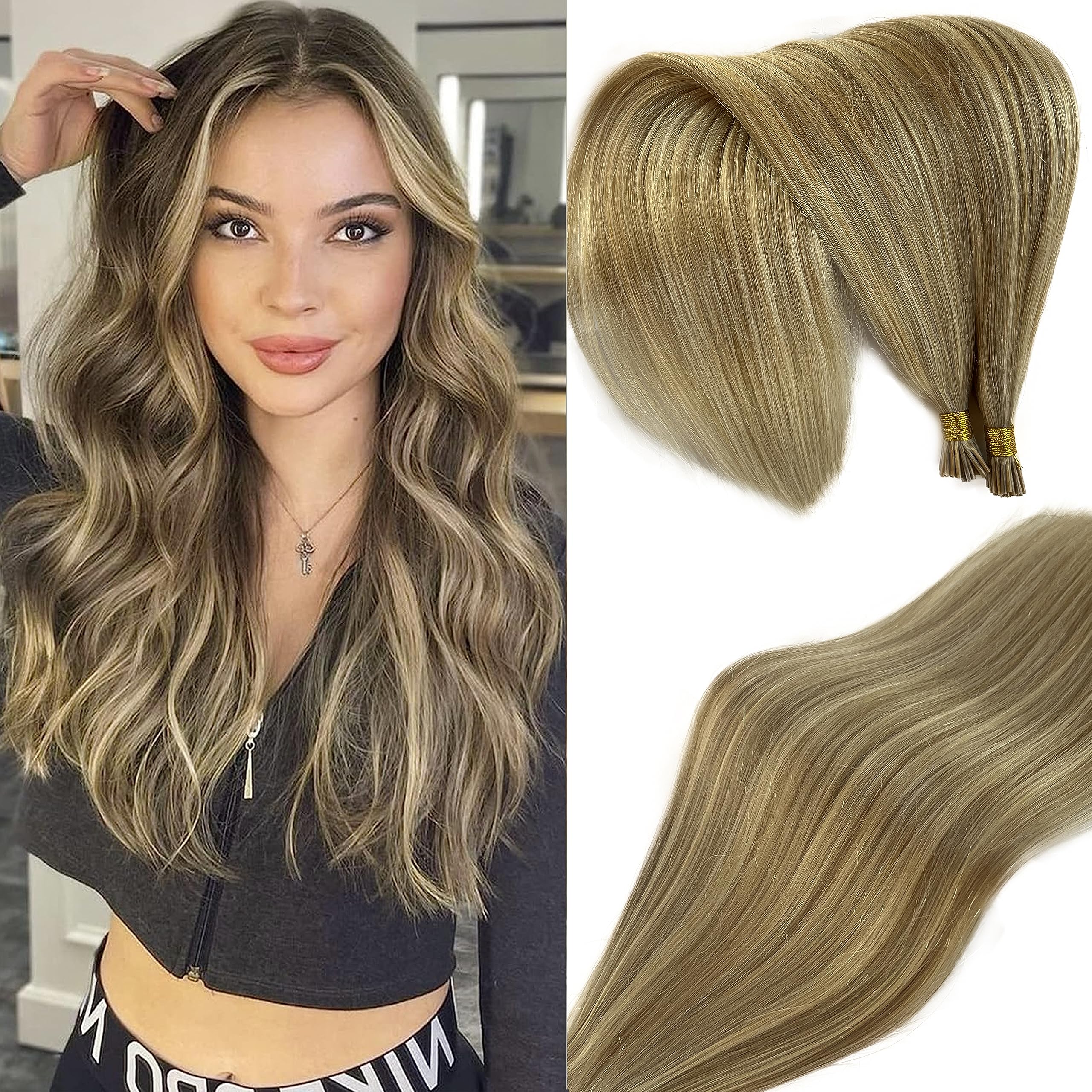 Balayage Blonde I Tip Hair Extensions - Human Hair Golden Brown to Blonde Highlight 22 Inch 50G 50Strands Keratin Cold Fusion Pre Bonded #18/613 Real