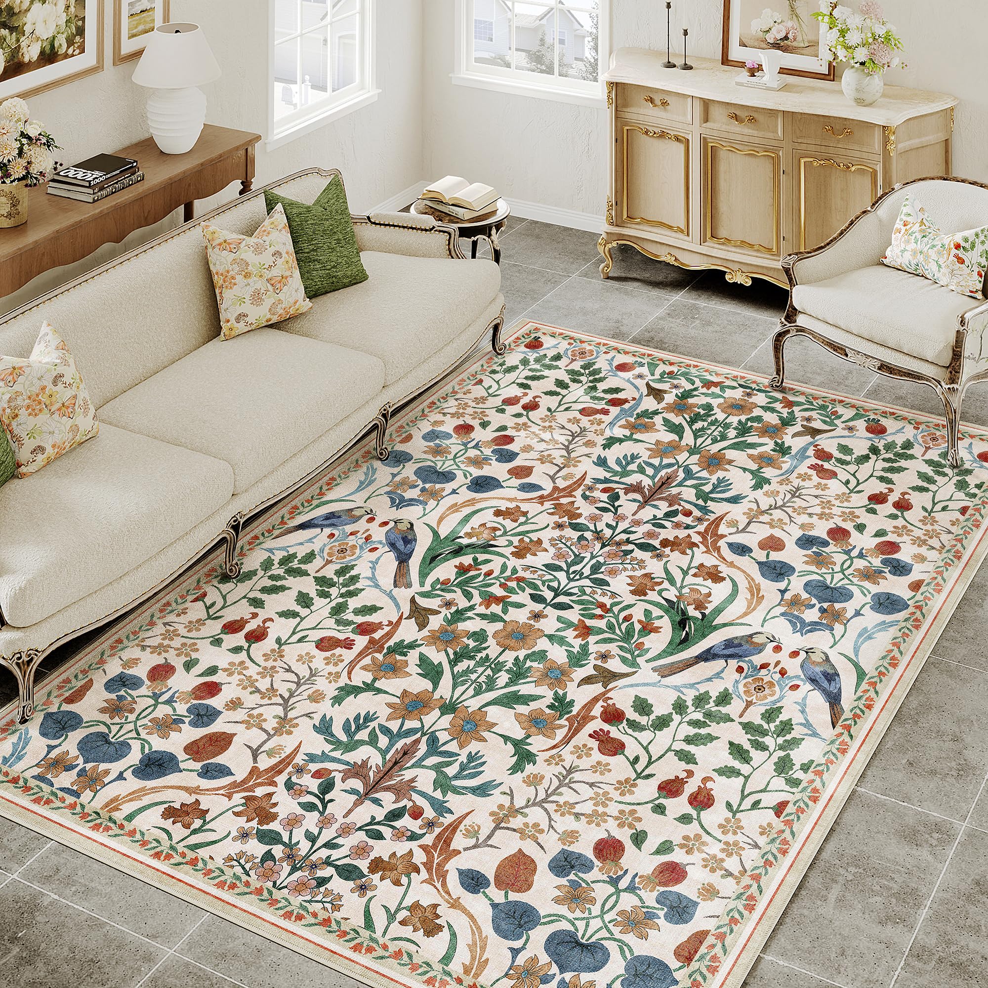PureCozy Teppich Wohnzimmer 160x230cm Blumenmuster Waschbarer kurzflor rutschfest Weich Retro Boho Teppiche für Schlafzimmer Küchen Esszimmer Bedroom Living Room, Beige