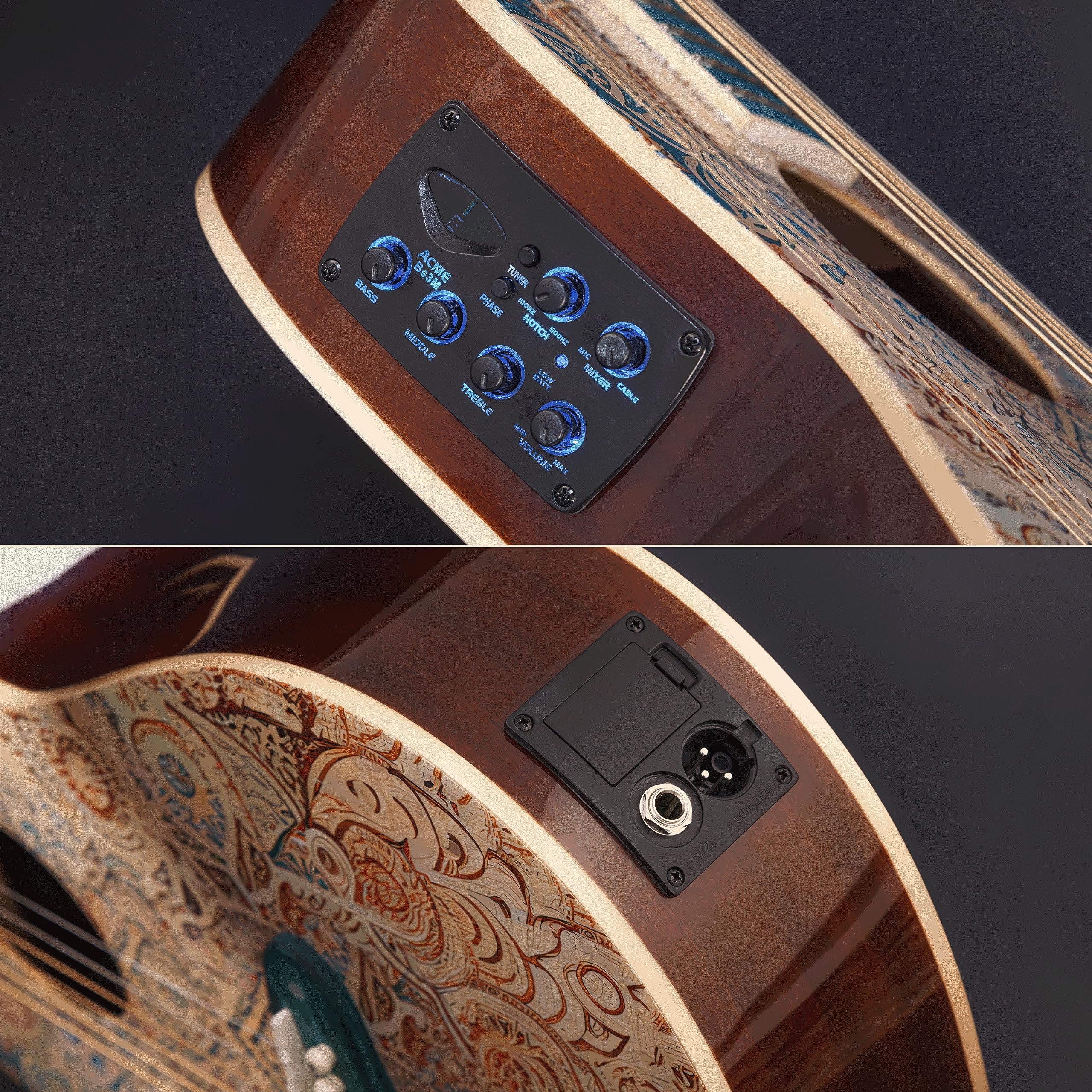 Lindo Sahara Steel String Parlor - Chitarra elettroacustica da viaggio (misura 3/4) | Nautical Star 12th Fret Inlay | Corpo e paletta con finitura grafica artistica | Progettato nel Regno Unito