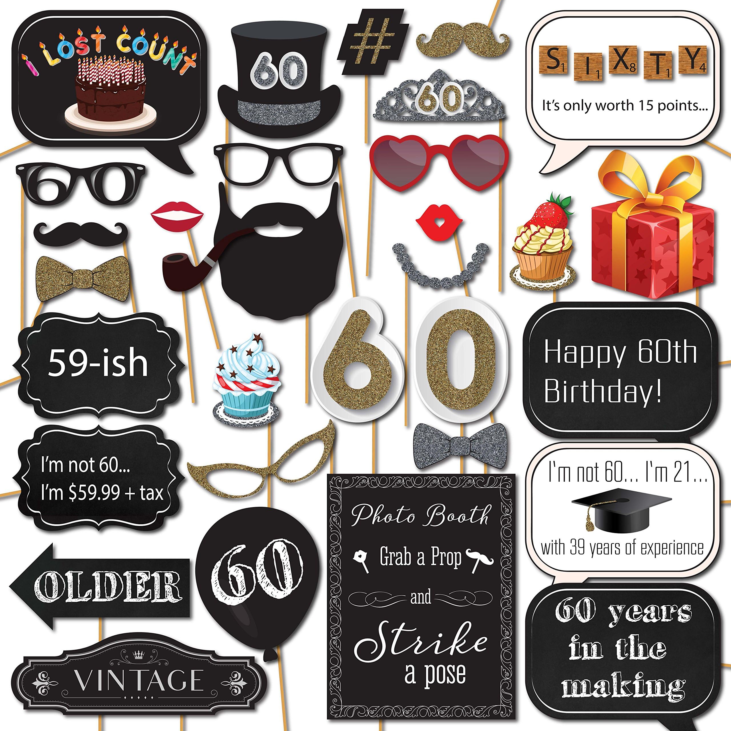 60th Birthday Photo Booth Props - 31-pc Selfie Props with 8 x 10-Inch Sign, 45 Adhesive Pads, 35 Sticks - Birthday Decorations