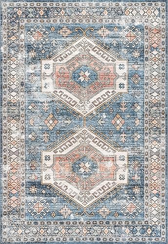 Miniatura 3 de nuLOOM Mae - Alfombra de área con motivos tribales lavable a máquina, 4 x 6 pies, color azul