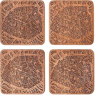 Paris Coaster carte de la ville, Ensemble de 4, Sapele Coaster en bois avec la carte de la ville, Fait main