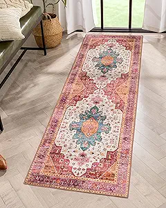 Moynesa Ultra-Thin Washable Runner Rug - Pink 2x5 Bathroom Rug Low Pile Hallway Rug Runner, Non Slip Pet Friendly Indoor Floor Carpet Runner for Kitchen Living Room Bedside Laundry Room