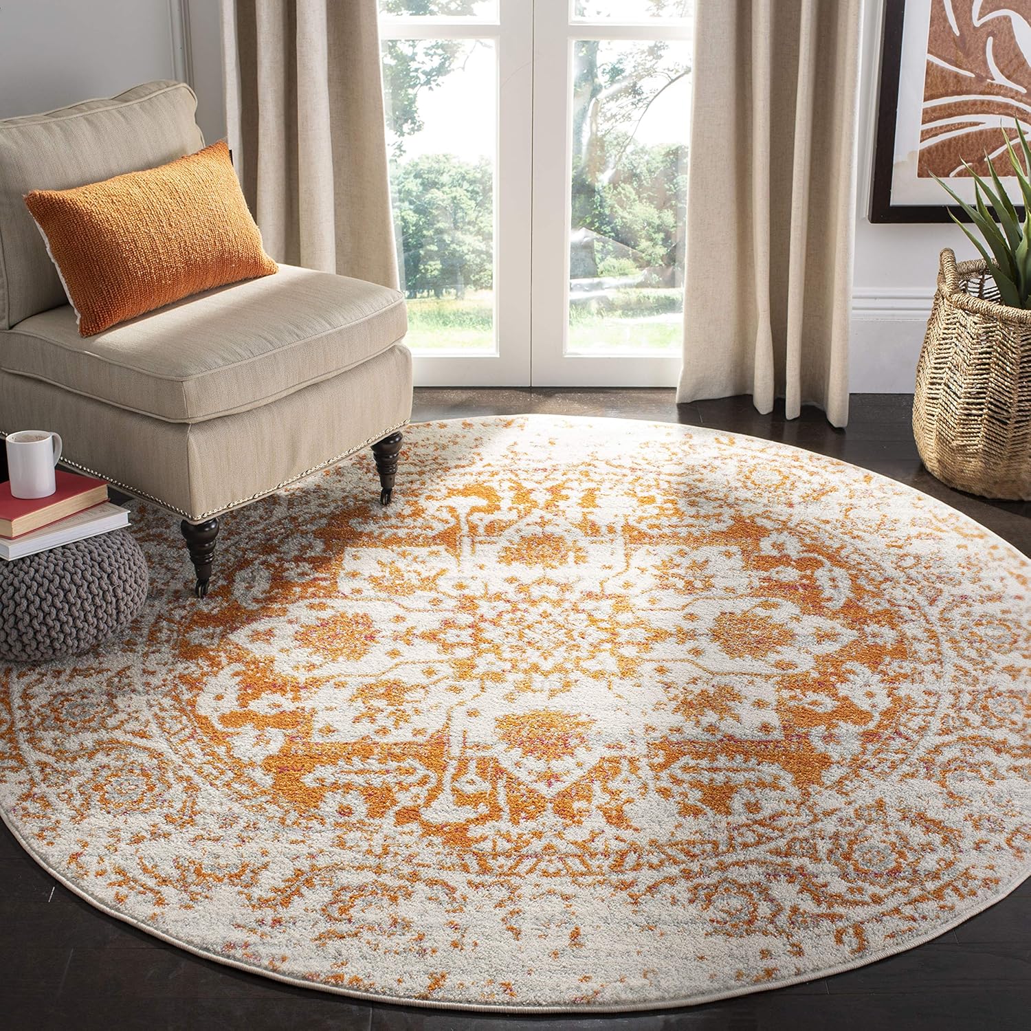 SAFAVIEH Madison Collection Area Rug 6'7" Round, Orange & Ivory, Snowflake