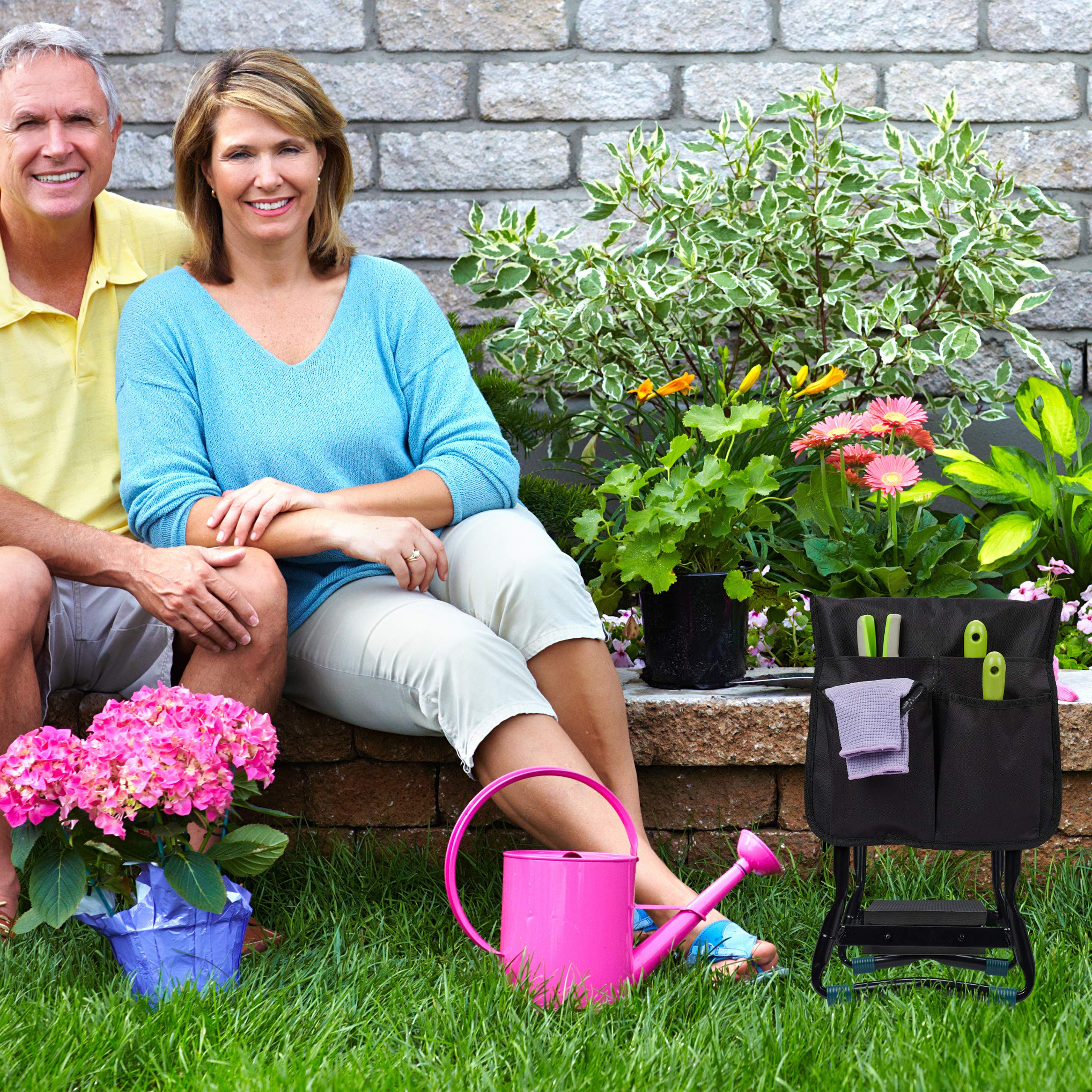 Relaxdays Agenouilloir pour jardinage, banc pliable genoux, jusqu’à 150 kg, 2 sacs, rembourré, 50x60x27,5 cm, noir