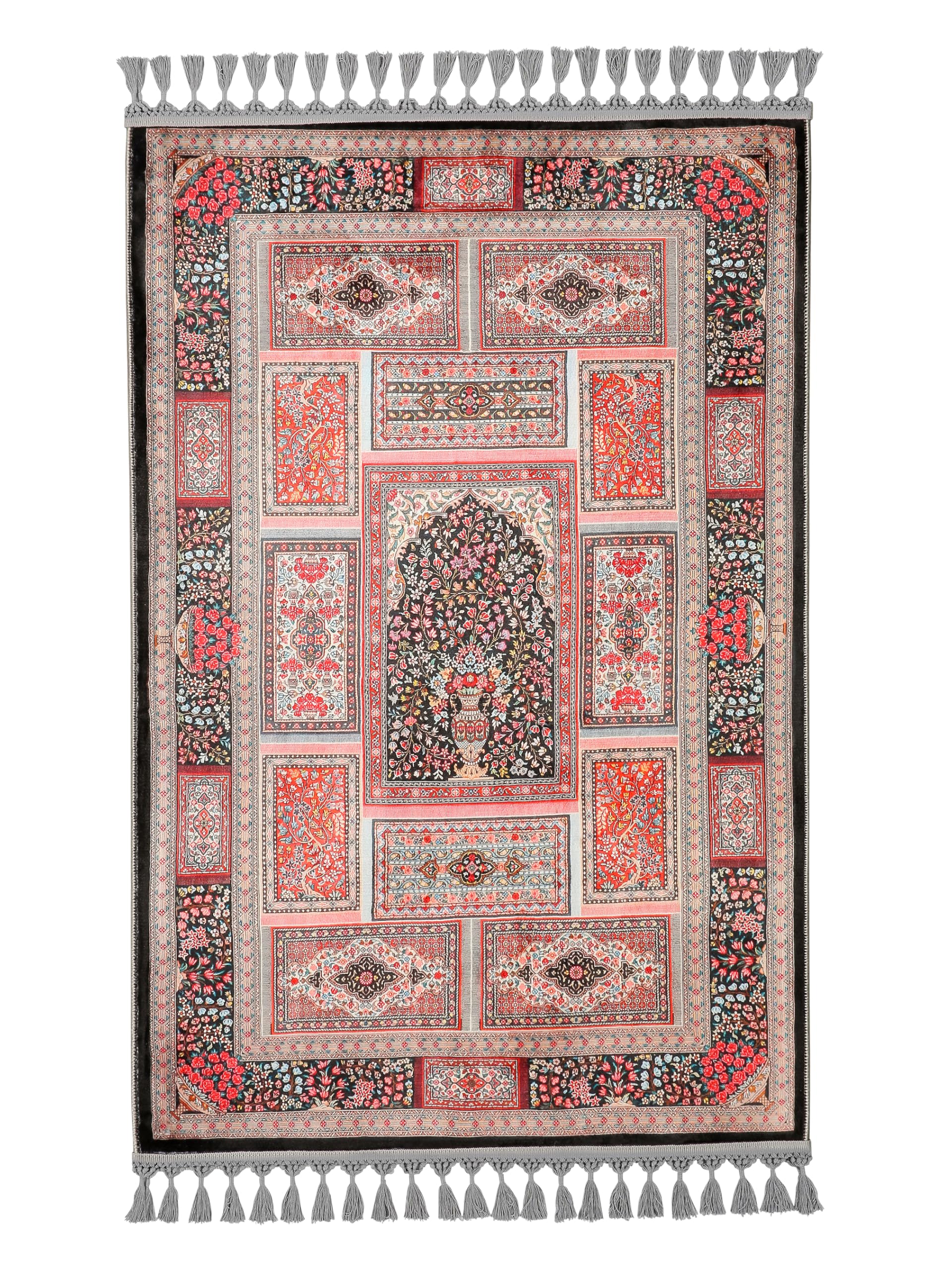 allmode homestyle şekil Tapis de prière à pompons Motif floral Rouge et noir Motif géométrique Tapis turc