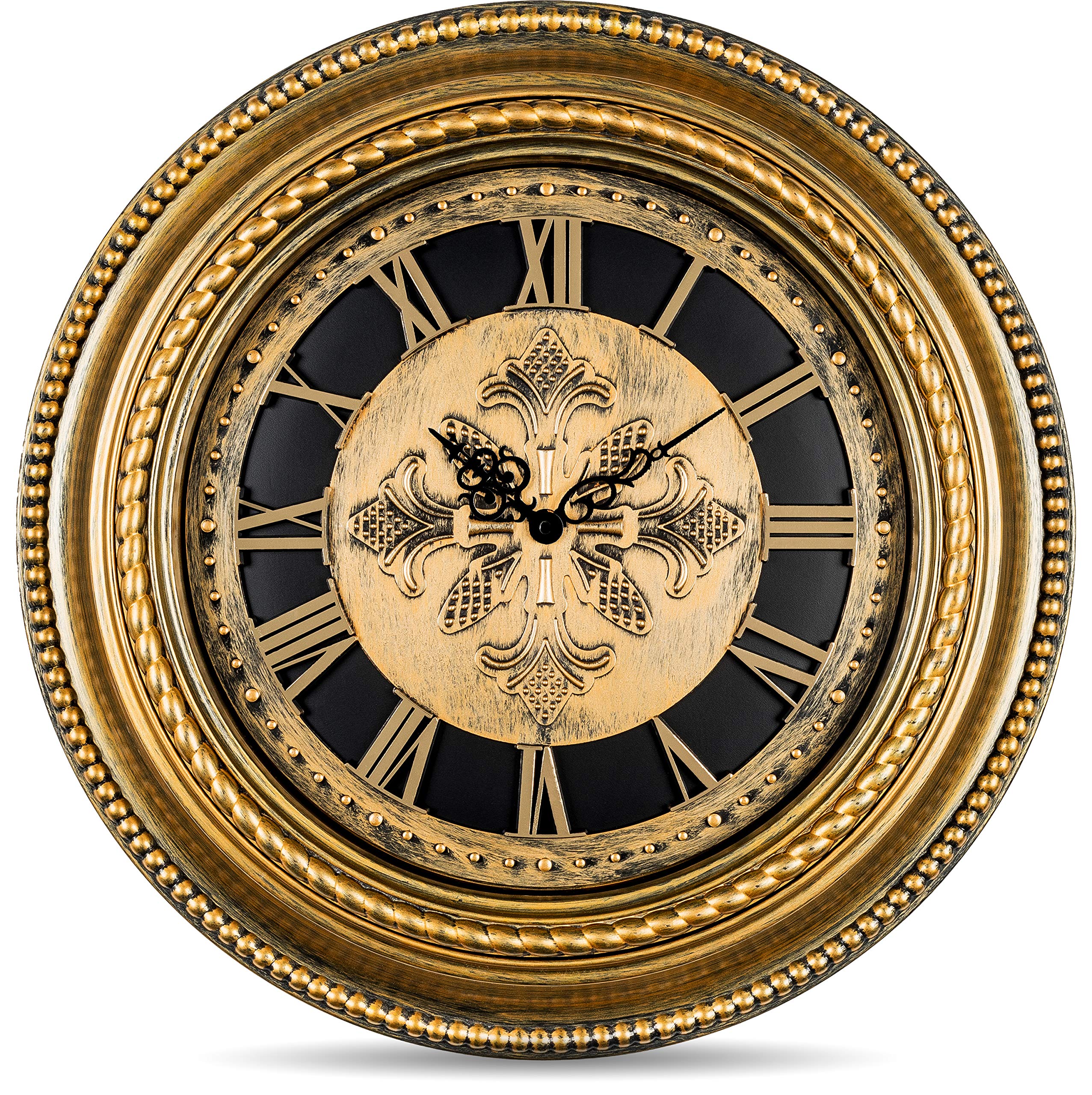 Bernhard Products Decorative Wall Clock 20 Inch Luxury Gold Antique Style Silent Non Ticking Battery Operated Quartz, Roman Numerals Vintage for Home Kitchen Living Room Dining Room & Over Fireplace