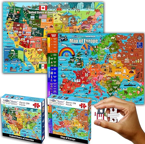 Think2Master Rompecabezas colorido de 250 piezas con mapa de Estados Unidos y mapa de Europa de 250 piezas. Divertido juguete educativo para niños,