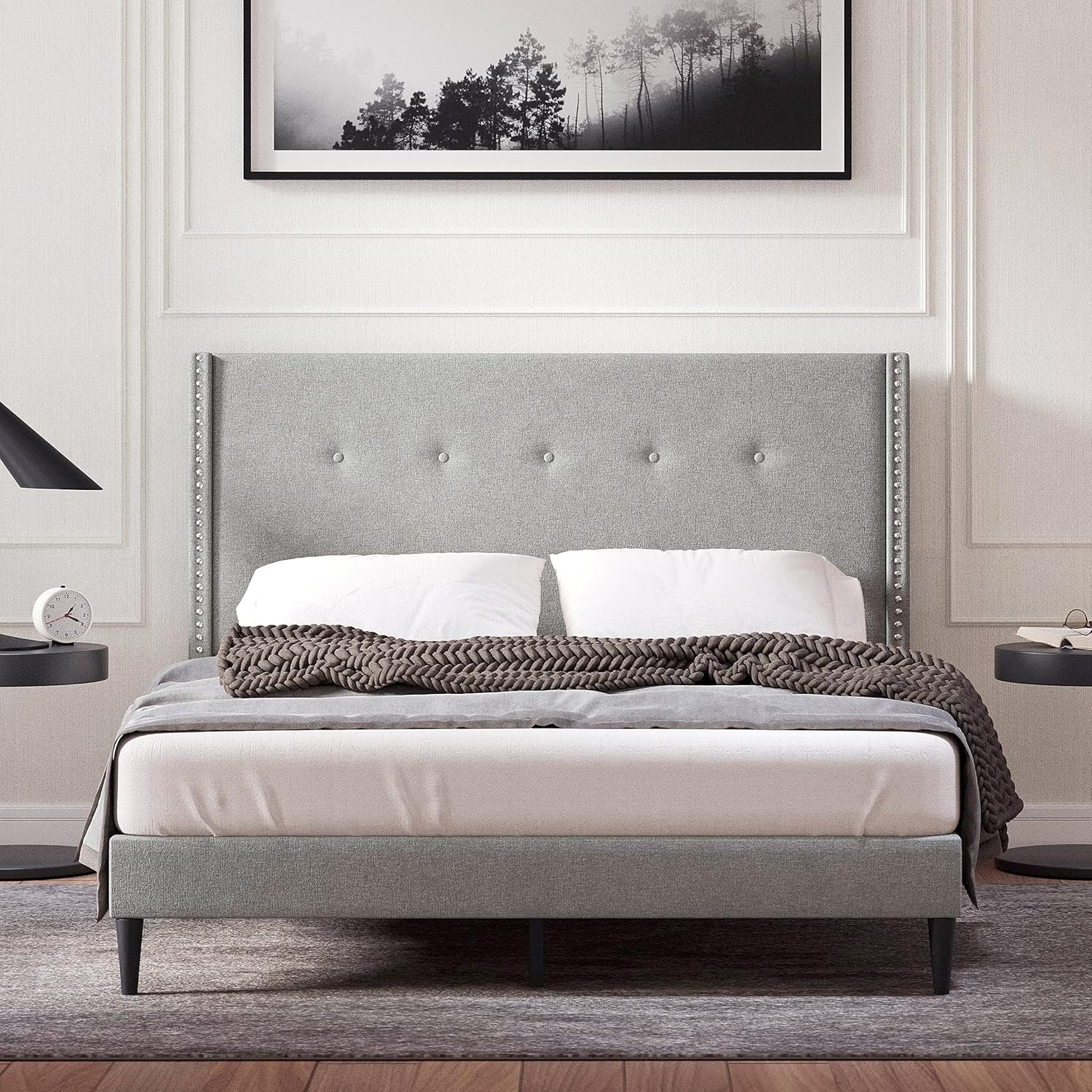 Amazon.com: Glenwillow Home MCM Upholstered Platform Bed Frame/Nailhead ...