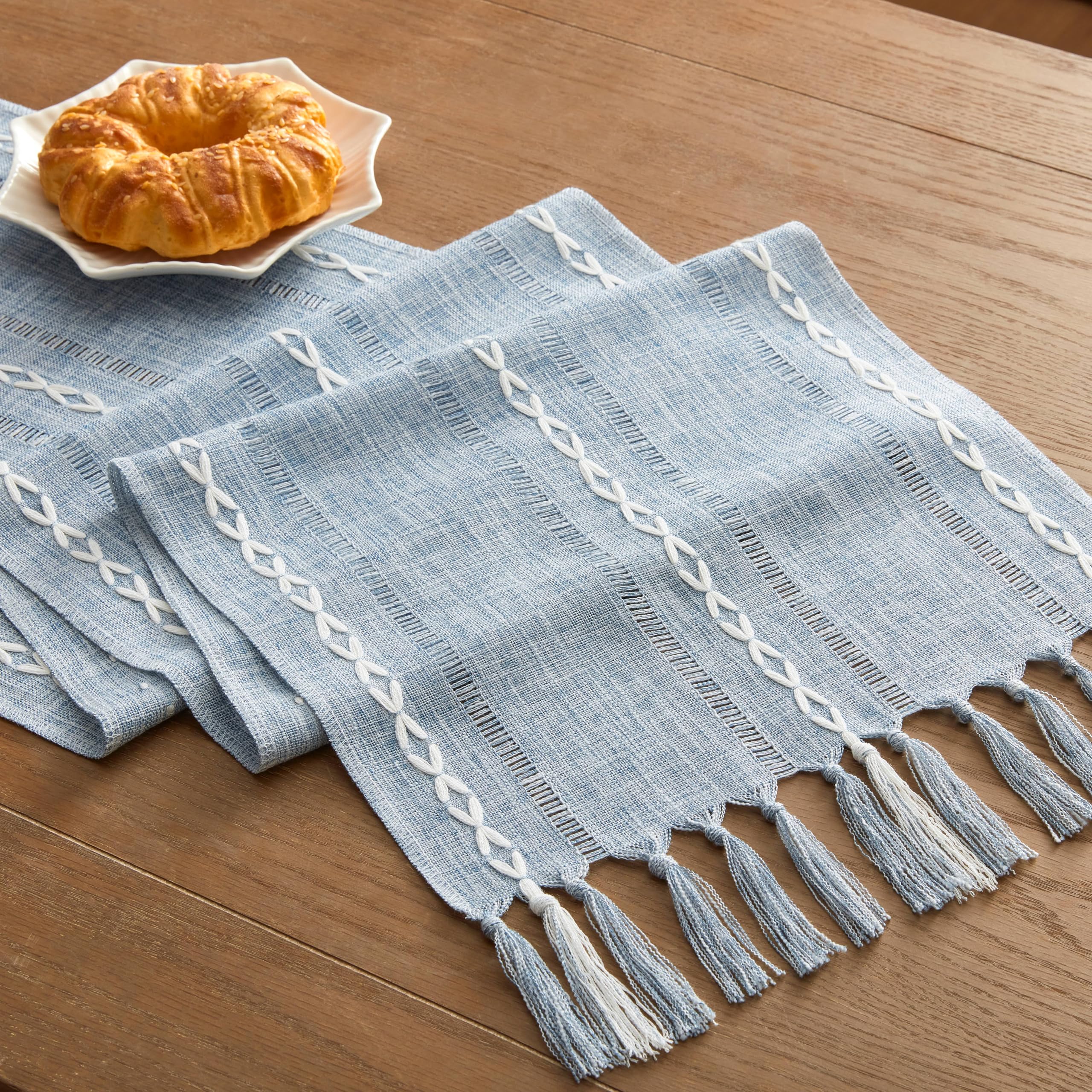 Camino de mesa de estilo rústico con vainica, azul de 13 x 36 pulgadas, camino de mesa de lino y algodón de 36 pulgadas de largo, bordado a rayas azules, bohemio, decoración rústica para el