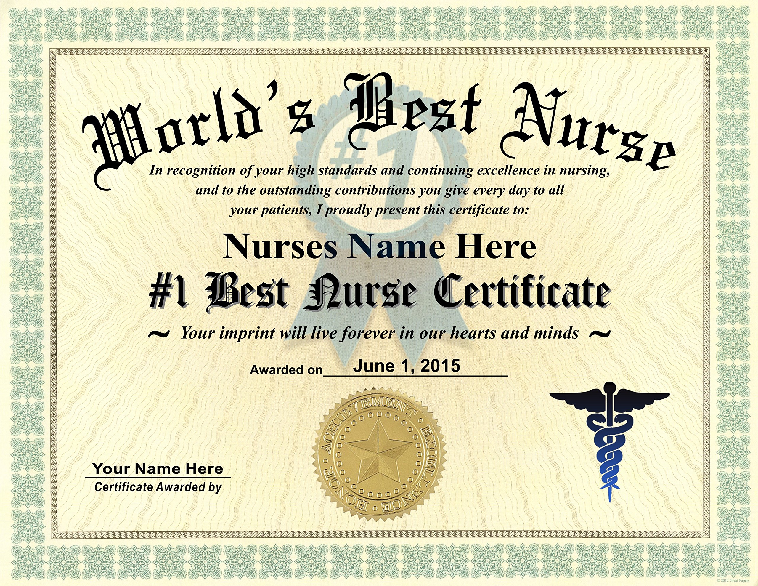 Worlds Best Nurse Certificate Award - Custom Printed by us with Any Name & Date - 8.5 by 11 inches - Free Certificate Folder Included - Perfect Gift