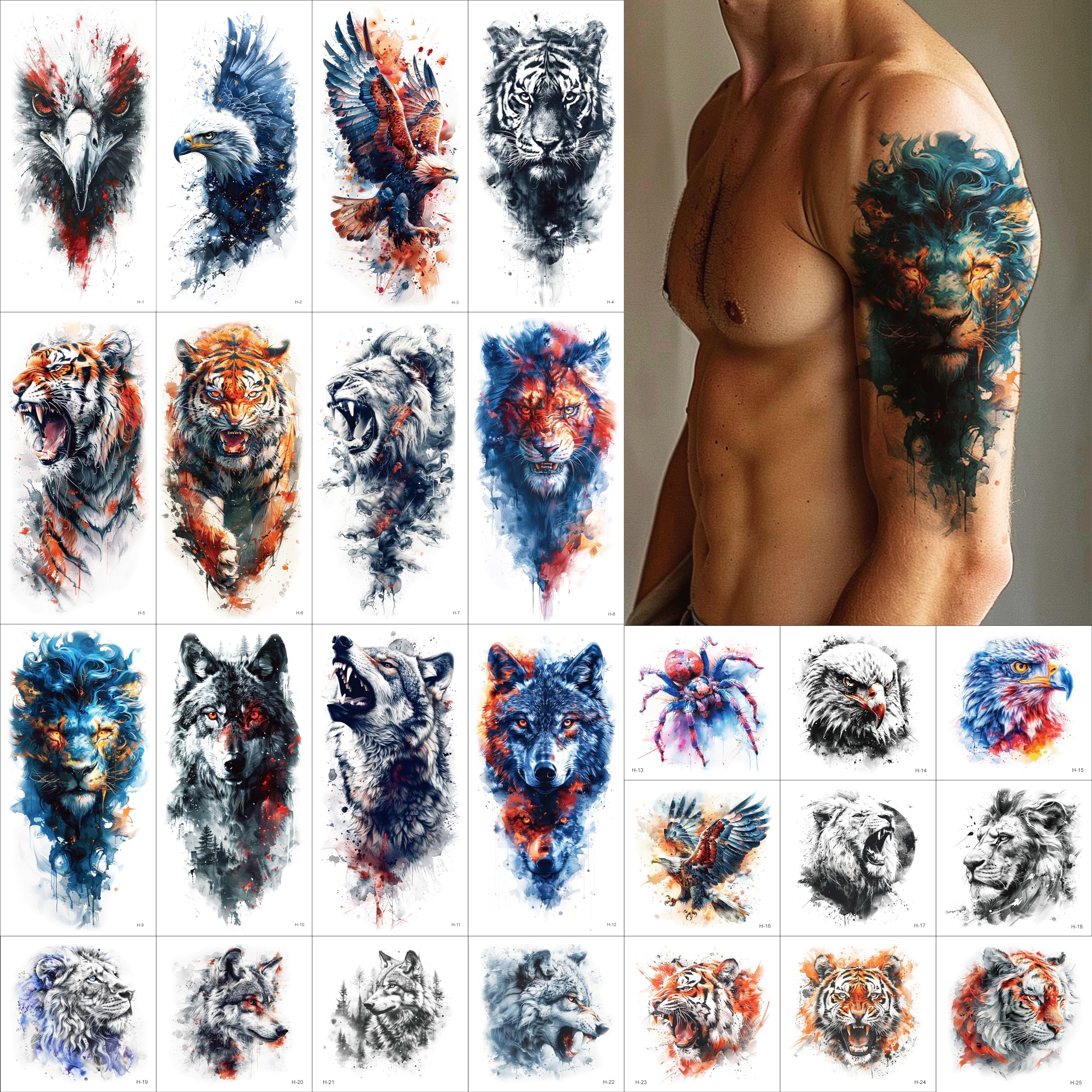 - Everjoy 25 Sheets Tough Beast Temporary Tattoo Stickers, 12 Sheets Large Arm Watercolor Animals Fake Tattoos, 13 Pcs Small Animals Tattoo Stickers For Men and Women