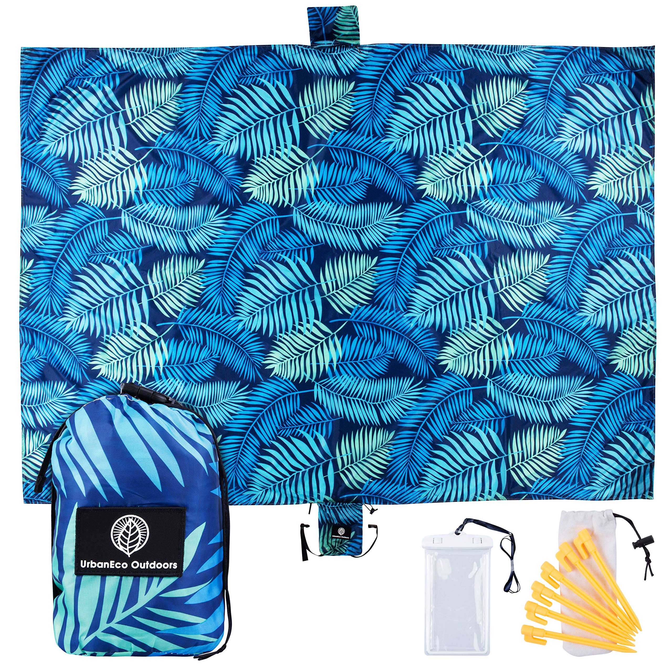 URBANECO OUTDOORSLightweight Beach Blanket - Oversized 107" x 77" Waterproof Sandproof - Double Anchored for Fun Leisure Beach Blanket - with Stake Pouch & Plastic Stakes Durable Sand Beach Mat