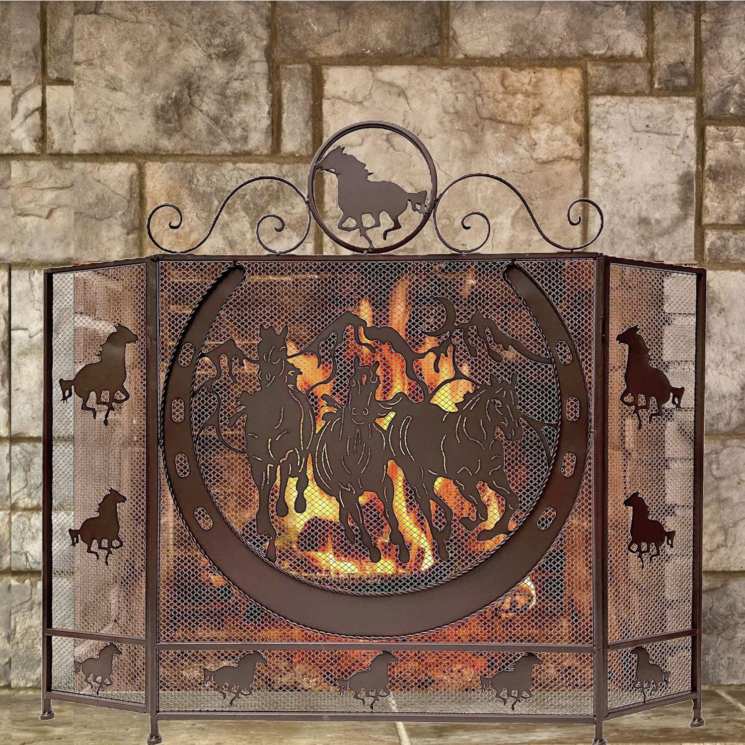 BestGiftEver 3-Panel Fireplace Screen Decorative with Horseshoe and Running Horses Design - Stand Alone Fireplace Cover Metal Mesh Screen - Home Decorative Firescreen for Cabin and Ranch Western Style
