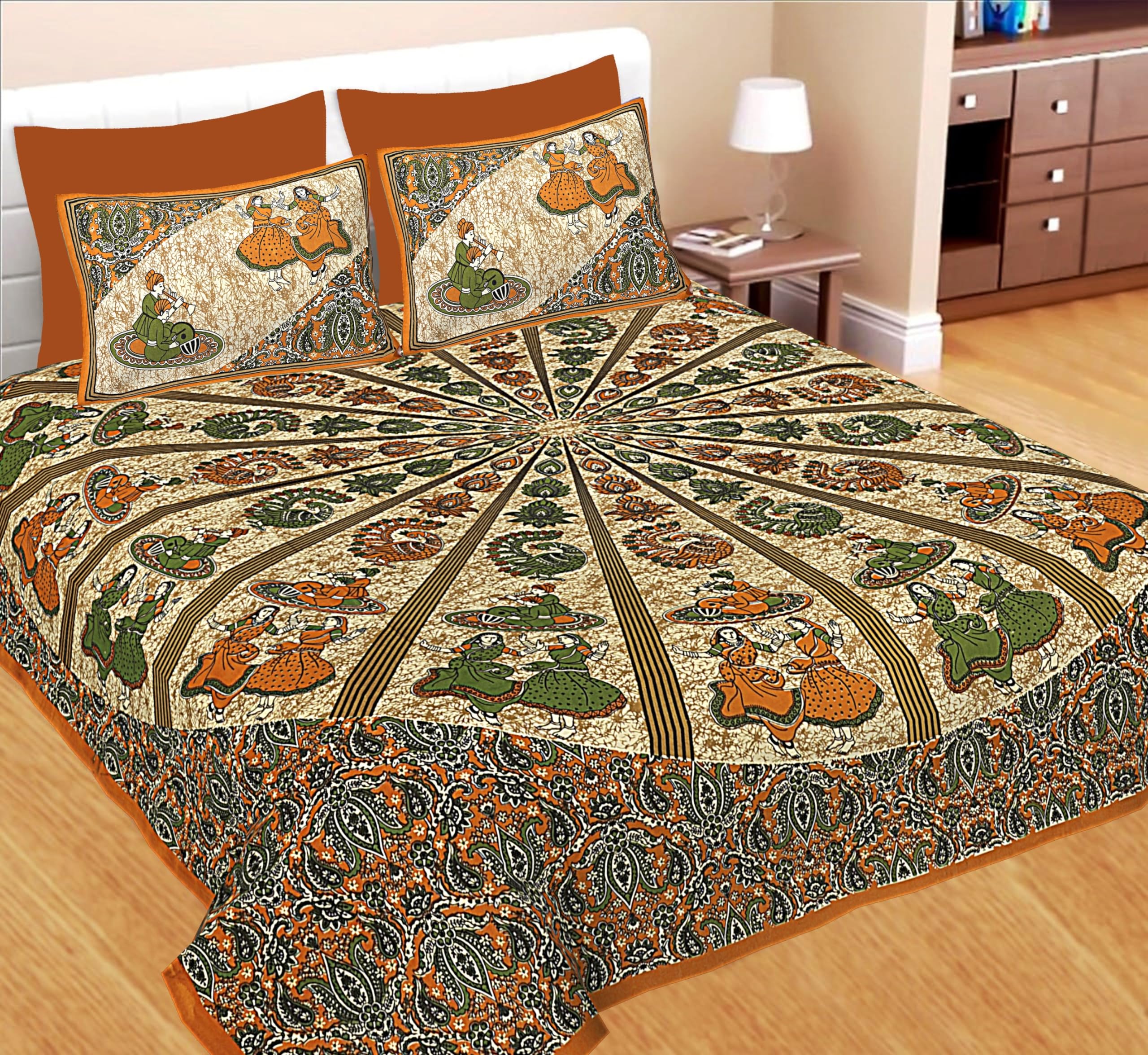 JAIPUR PRINTS 100% Cotton Traditional Jaipuri Printed Bedsheet for Double Bed King Size with 2 Pillow Covers - Brown001 (B0CW9Y8HHY) Amazon Price History, Amazon Price Tracker