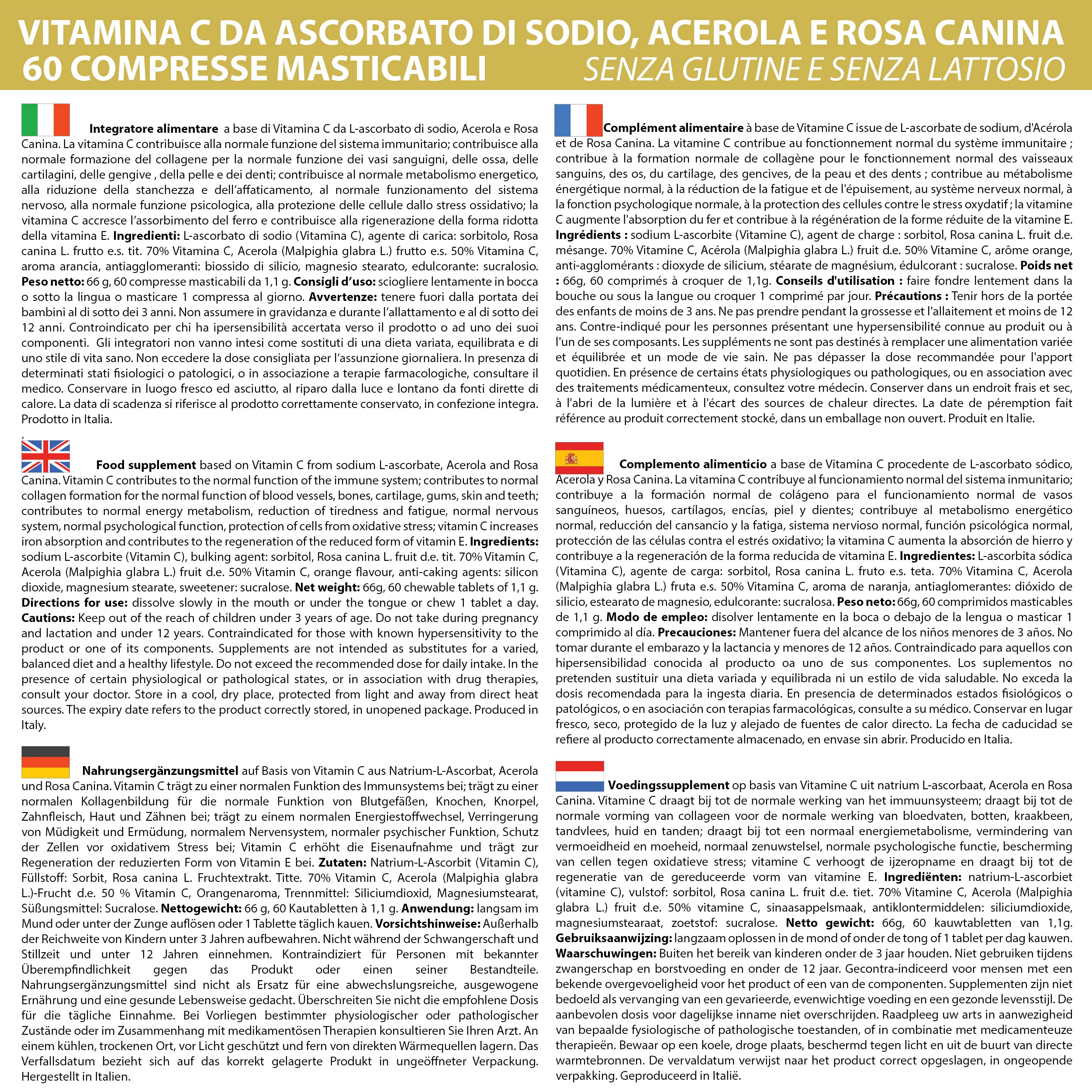 Vitamina C da Ascorbato Di Sodio Acerola e Rosa Canina 240 Compresse Masticabili 1 al dì | Senza Glutine e Lattosio | Meno Acida | Assorbimento più rapido | non di origine animale | 500 mg