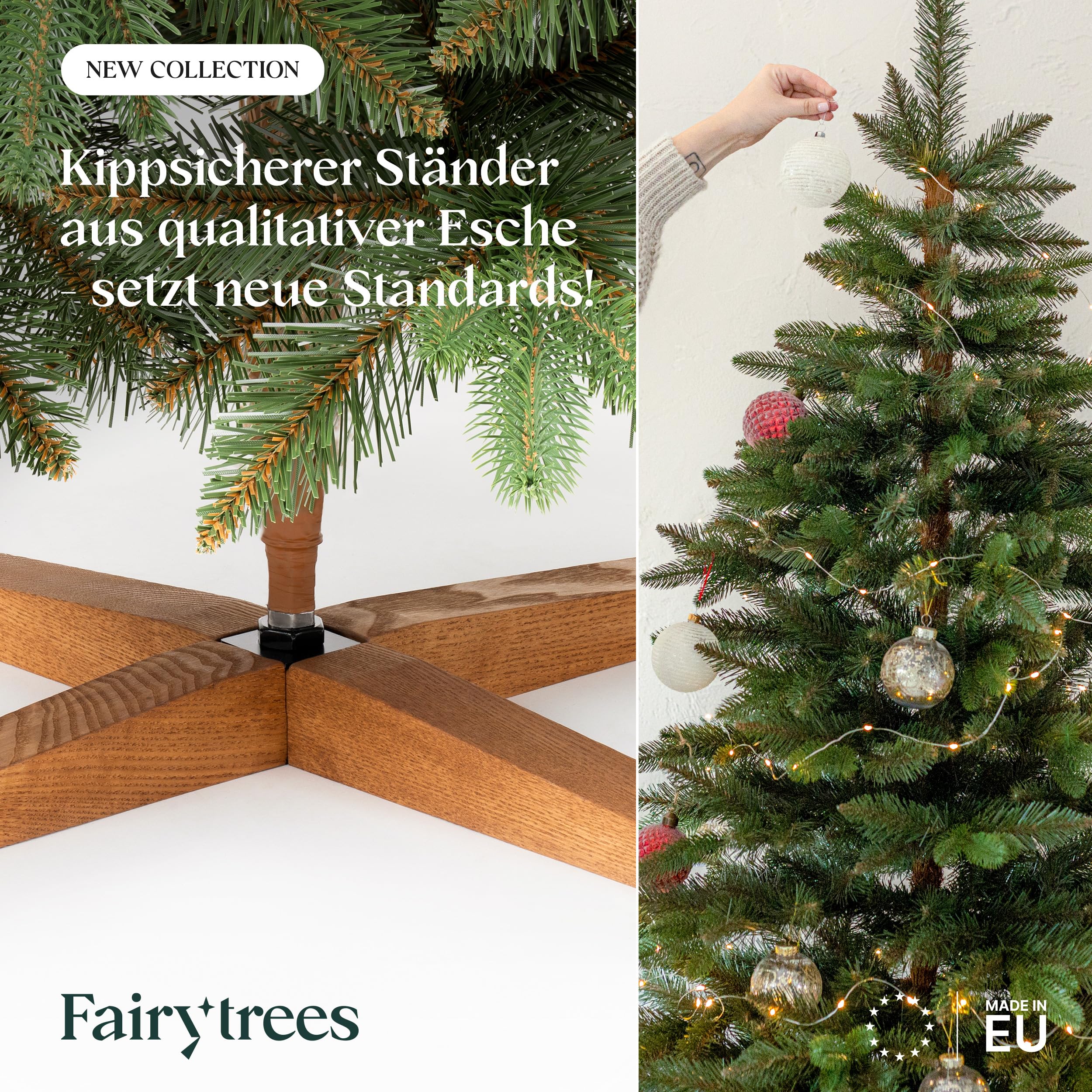 FAIRYTREES Weihnachtsbaum künstlich, Nordmanntanne Premium 180 cm, Naturgetreue Spritzguss Elemente, Künstlicher Weihnachtsbaum mit handgefertigtem Ständer aus Eschenholz