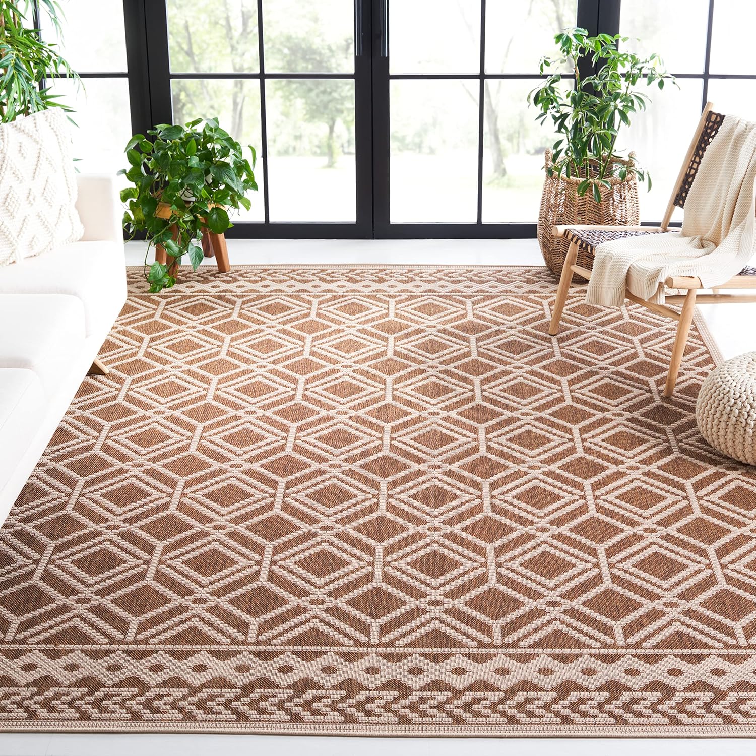 Martha Stewart x SAFAVIEH Outdoor Area Rug Collection - 6'7" Square, Camel & Beige, Weather Resistant & Washable, Ideal for Patio, Backyard, Mudroom, Deck, Dining Space (MSRO374B)