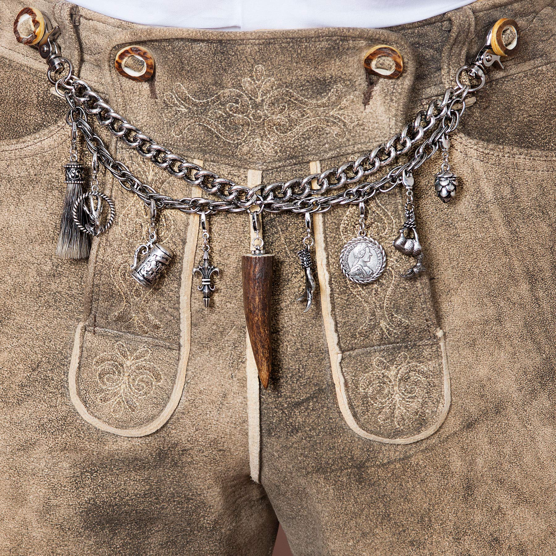 Alpenflüstern Trachten-Charivari Lorenz - Hochwertiger Herren-Trachtenschmuck mit Trophäen-Anhängern für die Lederhose, echtes Hirschhorn, (antik-silber-farben) HCH037