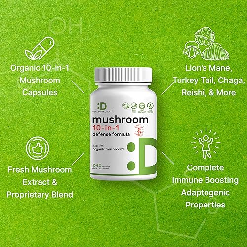 Miniatura 4 de Suplemento orgánico de hongos 10 en 1, 240 cápsulas  Melena de león, cola de pavo, reishi, cordyceps y más complejo de hongos  Apoyo inmunológico,