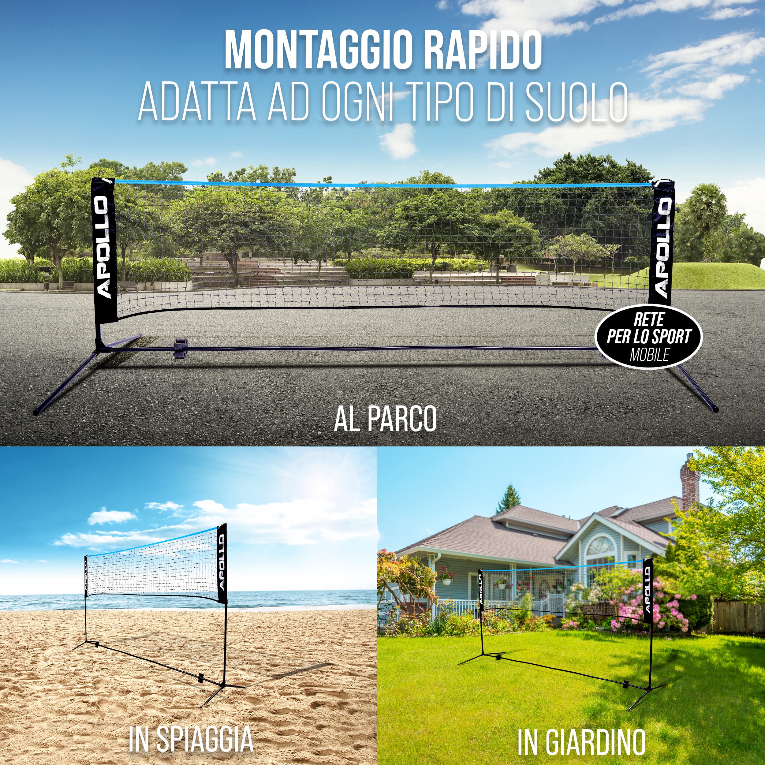 Apollo Rete Badminton, Rete Pallavolo | 300 cm | 400 cm | 500 cm | Badminton Set con Rete Regolabile su 3 Altezze, 3 Palline da Badminton, Telaio in Ferro, Borsa di Trasporto, Per Interni ed Esterni