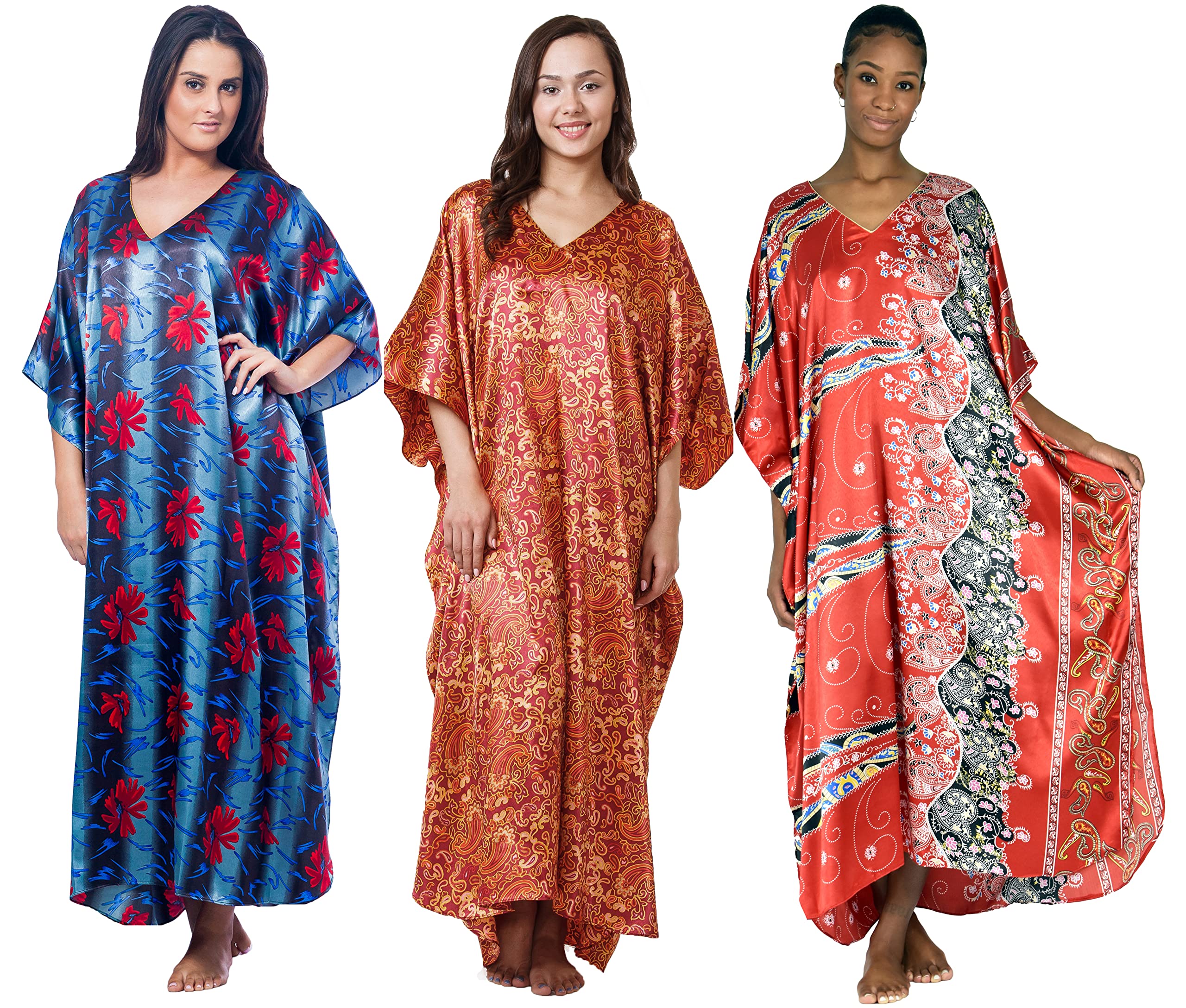 Up2date Fashion Women 3-Pack Satin Caftans/Kaftans, Shades of Red, One Size Plus, Special#23