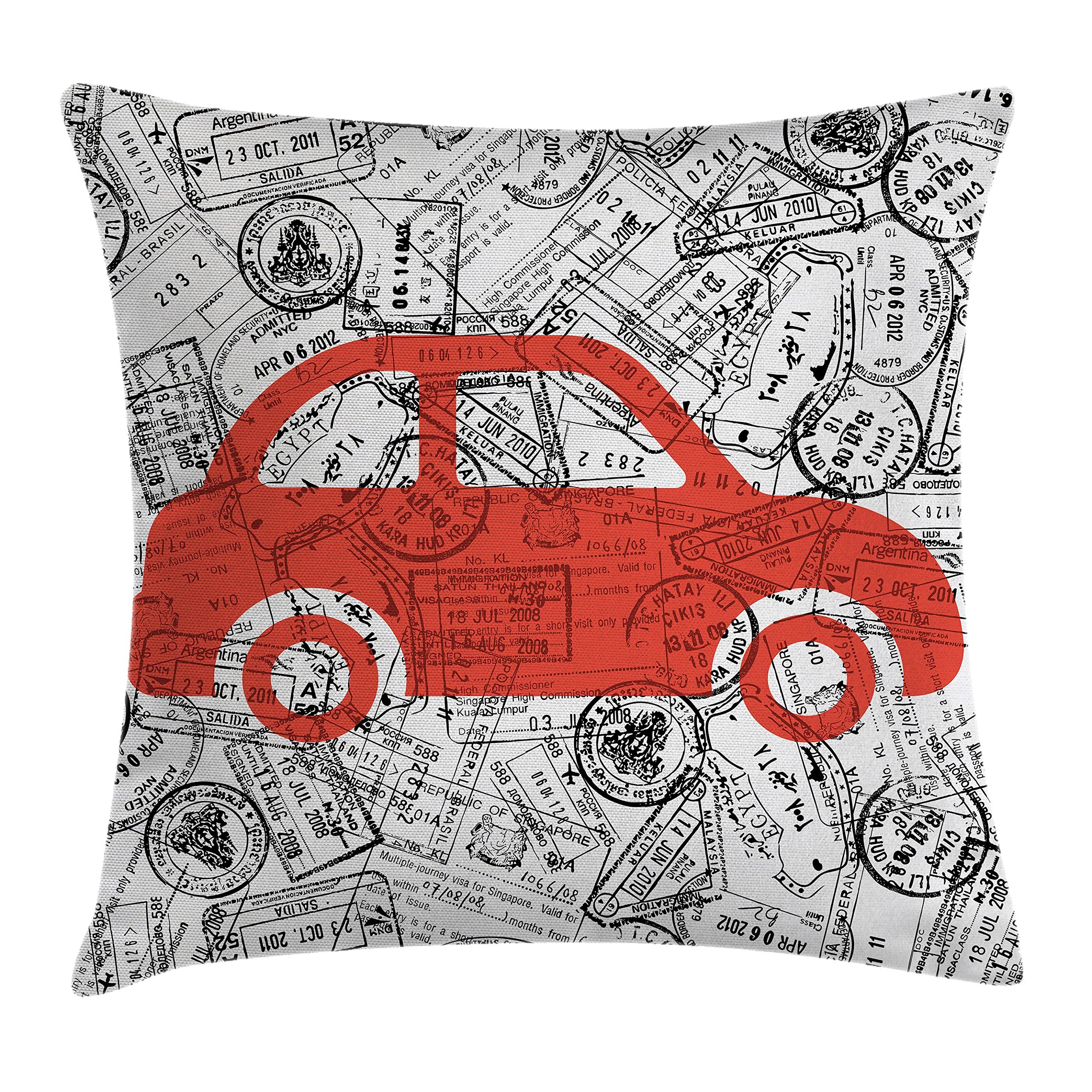 Lunarable Cartoon Throw Pillow Cushion Cover, Little Car with Travel Themed Passport Stamps Background Abstract Design, Decorative Square Accent Pillow Case, 28