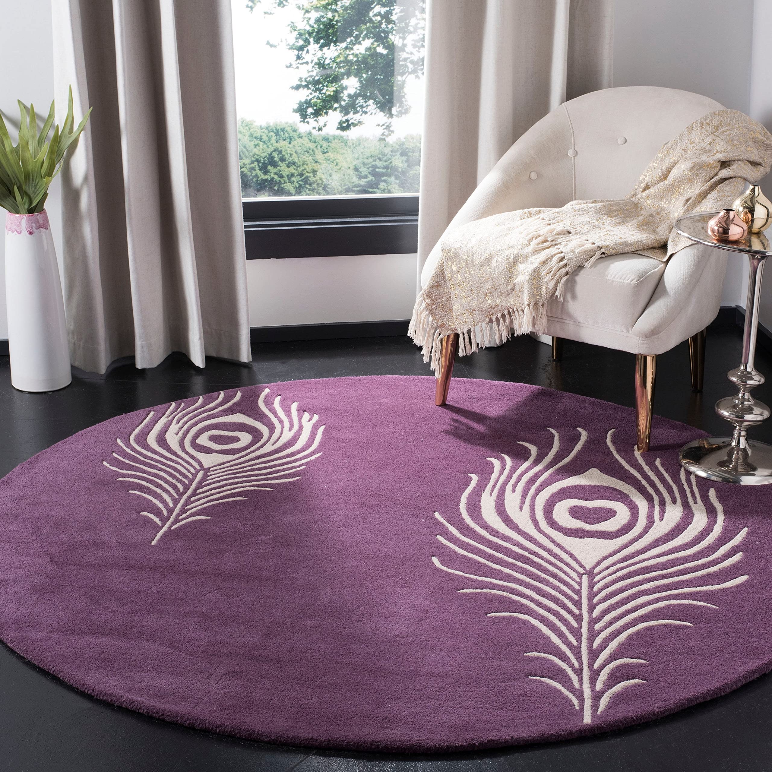 Export Quality Handmade Woollen Round Carpet (Purple & Ivory, 4 x 4 Fee)