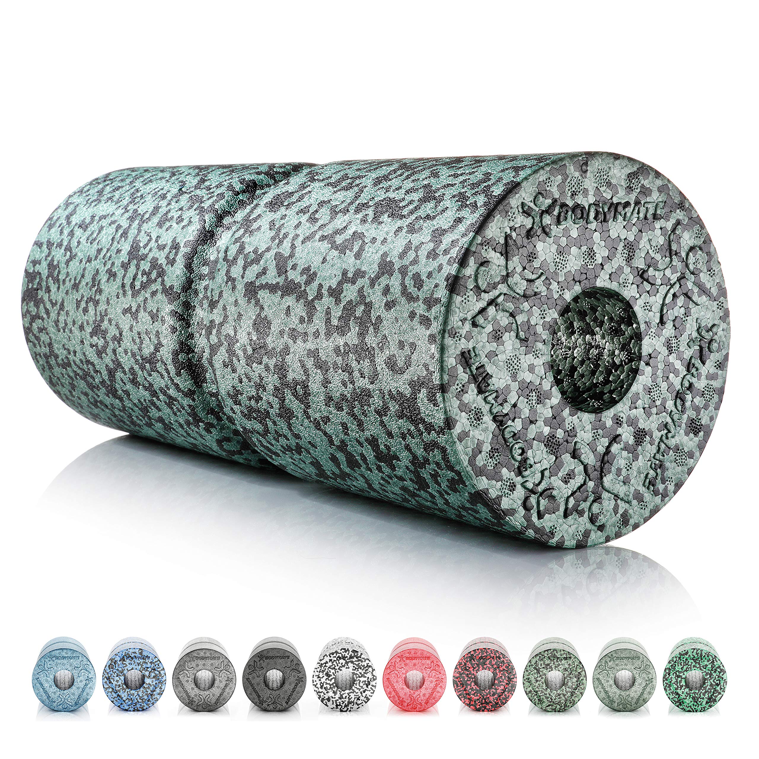 BODYMATE Faszienrolle CARE Mittel-Hart mit umlaufender Rille zu Wirbelsäulen-Entlastung mit E-Book - Schwarz/Midnight-Green 35x14cm