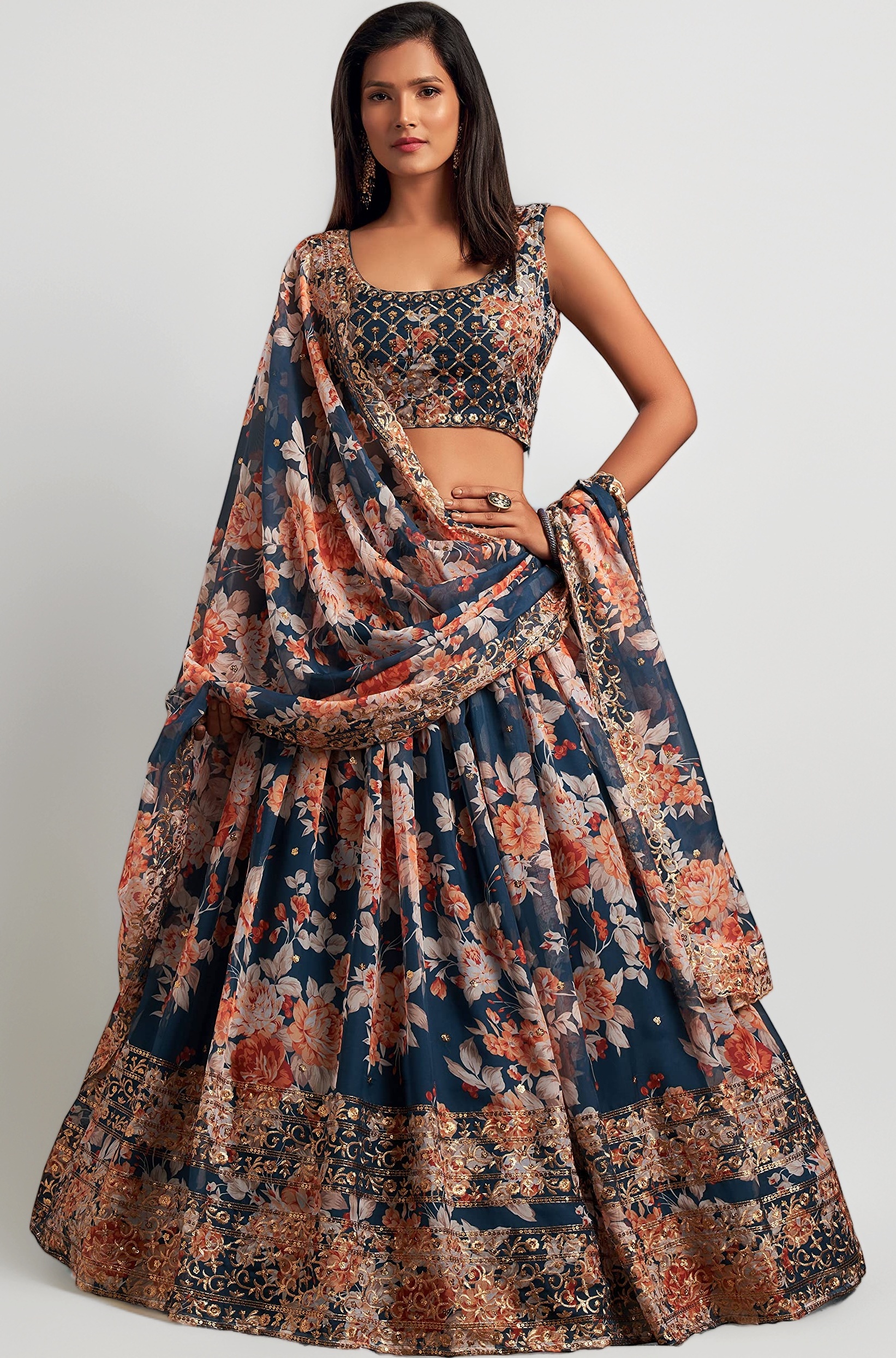 Zeel Clothing Women's Organza Floral White Semi-Stitched Lehenga Choli (7611-Wedding-Floral-Lehenga-Latest, White)