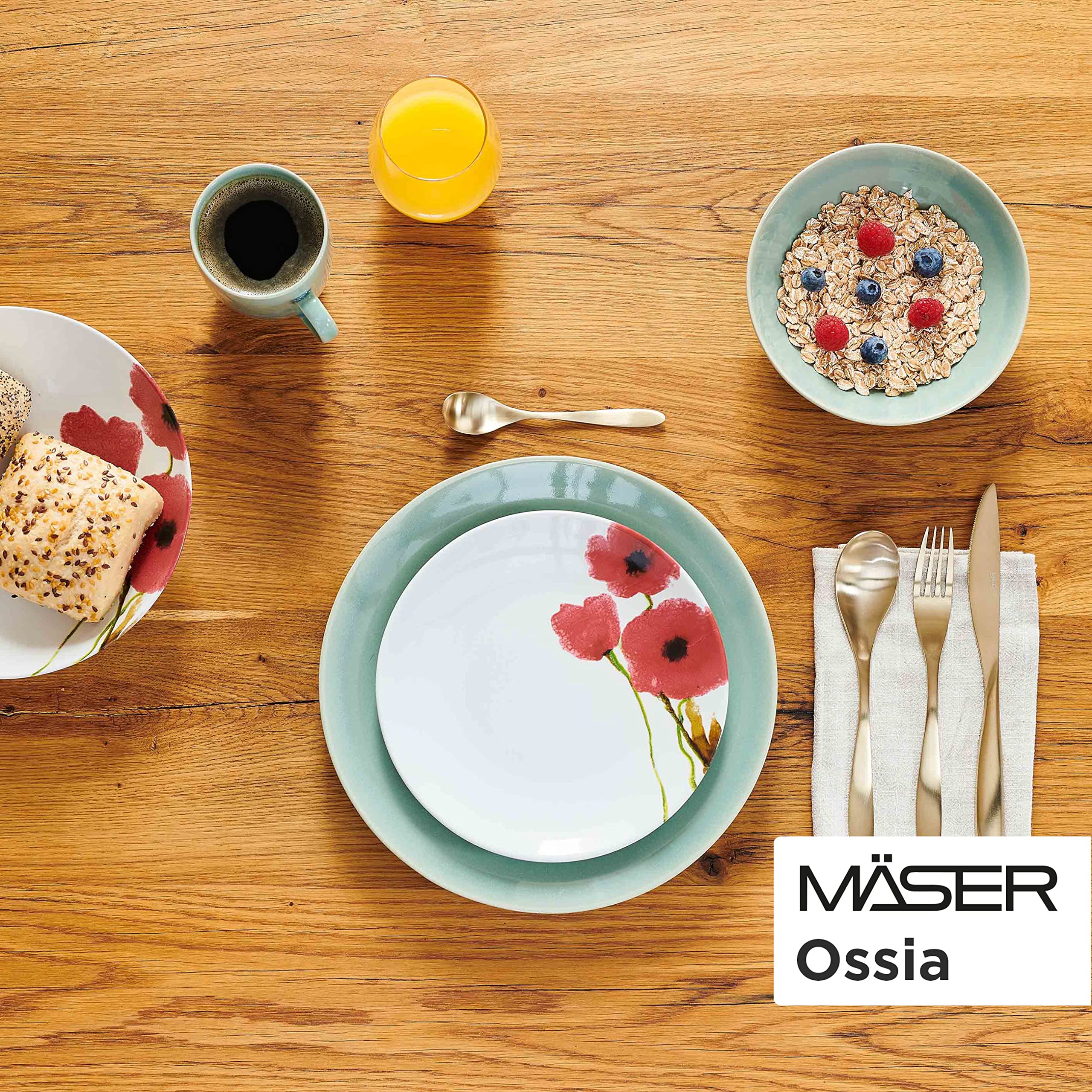 MÄSER 931927 Ossia Aguarela, Geschirr Set für 6 Personen in teildekoriertem Vintage Look, 18-teiliges Keramik Frühstücksset mit Frühstücksteller, Müslischale und Kaffeetasse groß, Mohnblume, Steinzeug