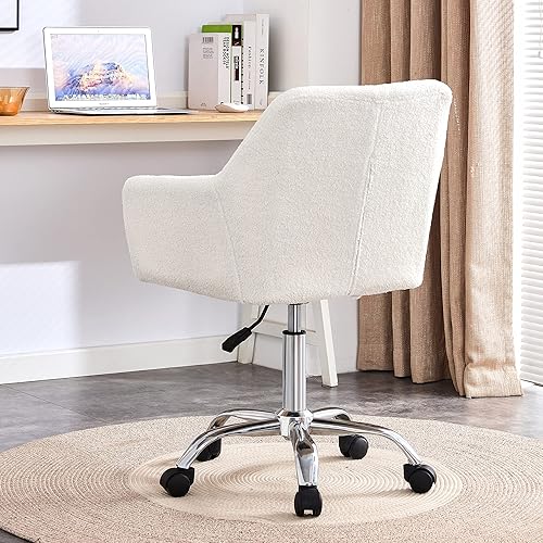 Miniatura 4 de SSLine Silla de tocador de piel sintética, elegante silla de escritorio de maquillaje peludo blanco para niñas y mujeres, silla moderna y cómoda con