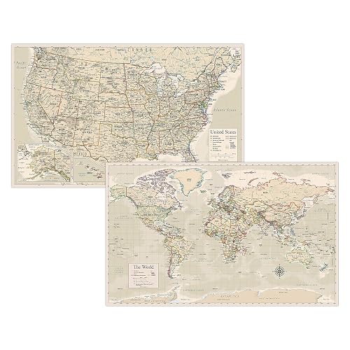 Antique Laminated World Map & US Map Poster Set - 18' x 29' - Wall Chart Maps of the World & United States - Made in the