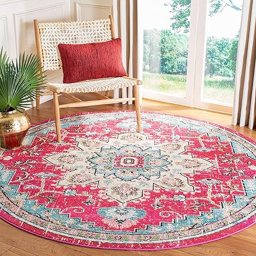 SAFAVIEH Madison Collection 9' Round FuchsiaBlue MAD473A Boho Chic Medallion Distressed Non-Shedding Dining Room Entryway Foyer Living Room Bedroom Area Rug