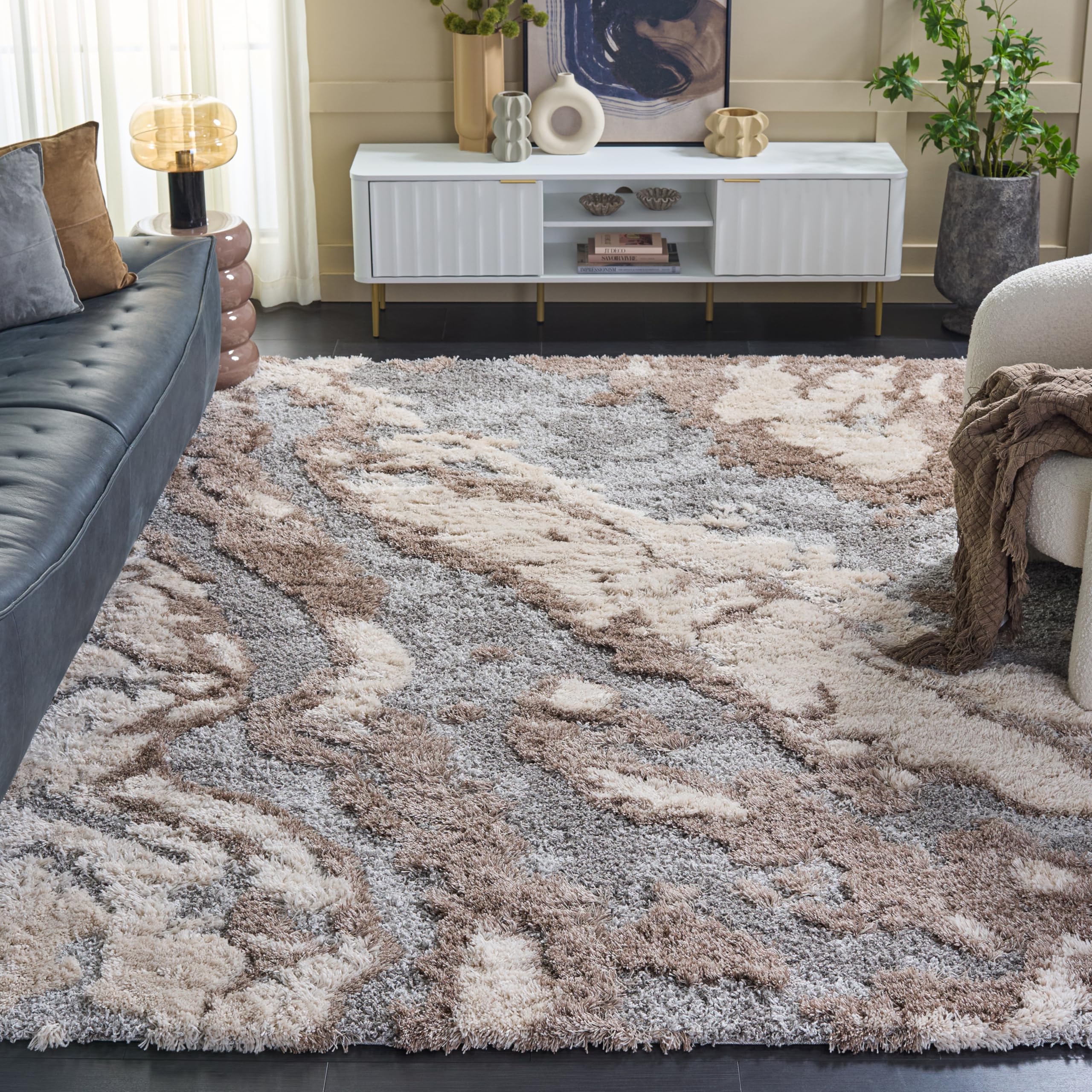 SAFAVIEH Area Rug 8x10 - Horizon Shag Collection - Large - Taupe & Blue, Modern Design, Non-Shedding & Easy Cleaning, Ultra Plush Thick Pile, Ideal