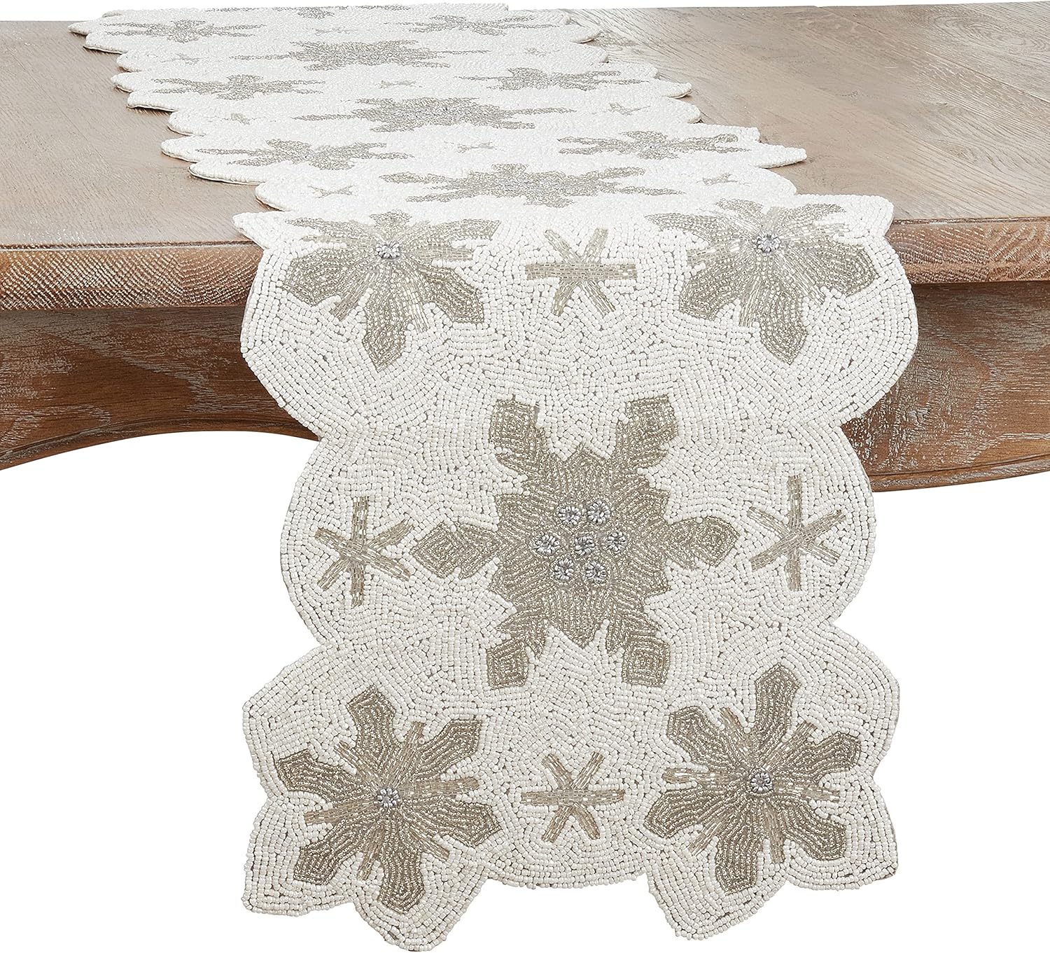 SARO LIFESTYLE Design Beaded Snowflake Table Runner, 13" x 35", White