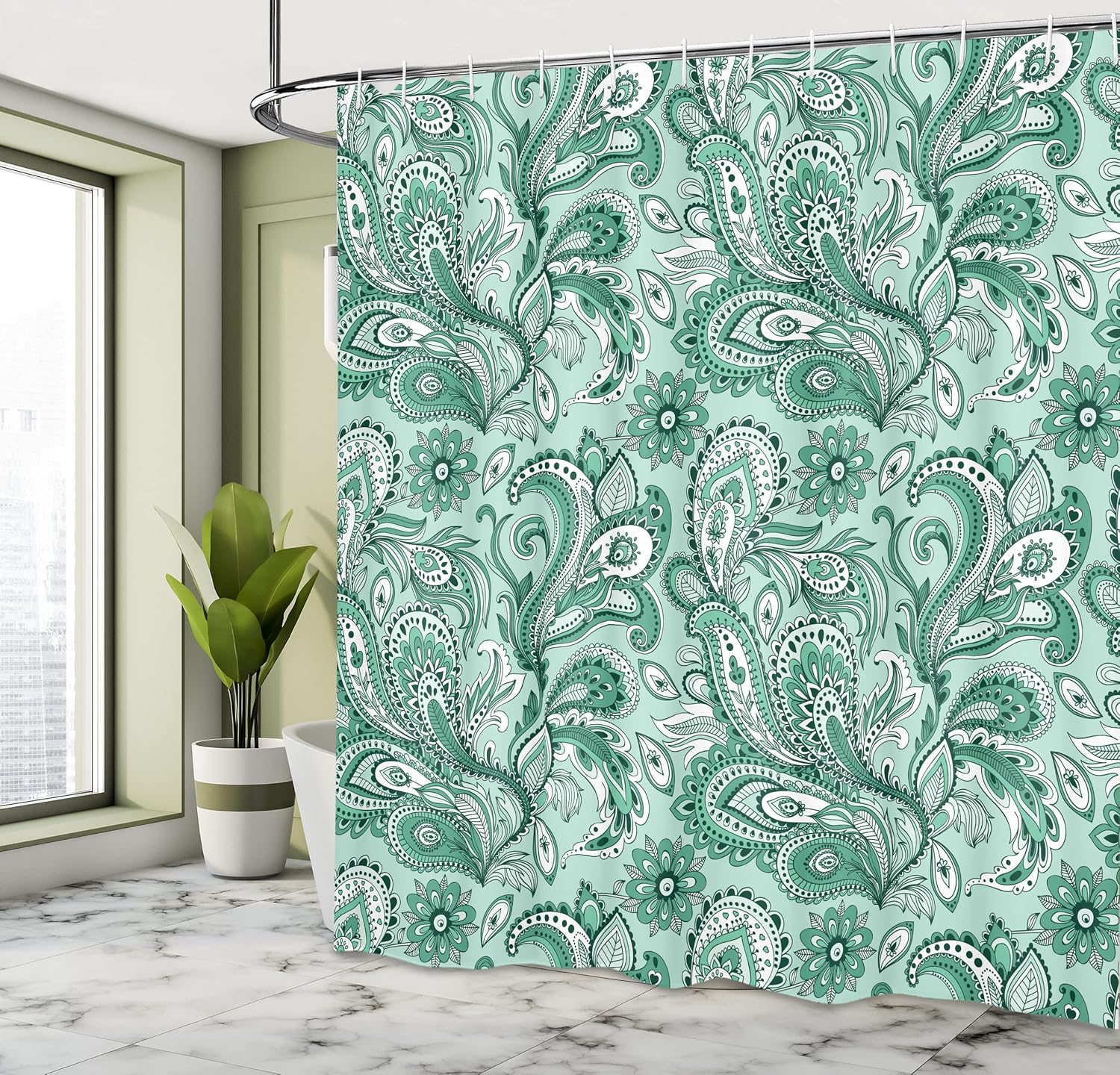 Ambesonne Paisley Shower Curtain, Ethnic Art Swirly Flowers Leaves Floral Pattern Bohemian Style Country Print, Cloth Fabric Bathroom Decor Set with Hooks, 69" W x 70" L, Teal Sea Green